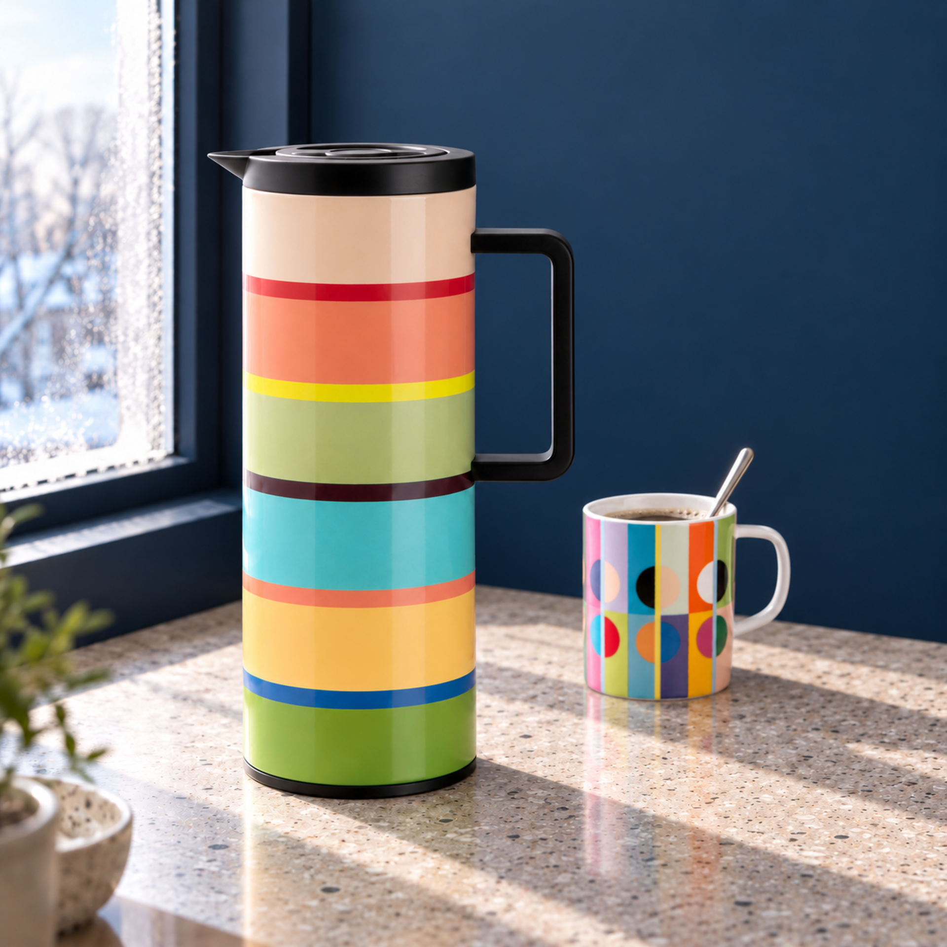 Tall thermos flask in a vibrant striped design with colourful horizontal stripes on a speckled worktop. Next to it is a matching coffee cup with a spoon. In the background, a snow-covered winter landscape seen through a window, with slanting sunlight.