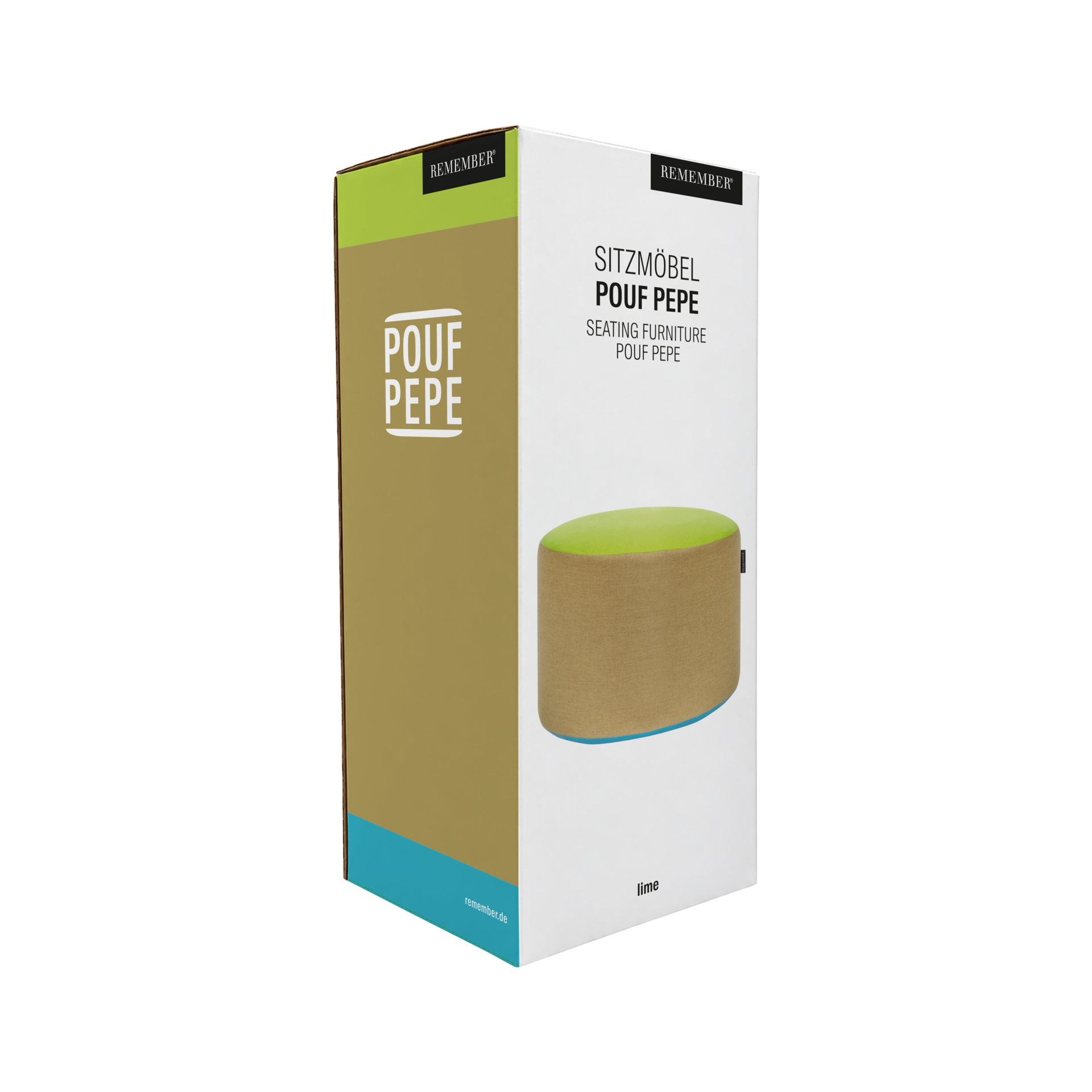 Aufrecht stehende Produktverpackung des Pouf Pepe lime. Vorderseite zeigt den runden Pouf: Oberseite hell limettengrün, zylindrischer Körper beige, unterer Rand türkisblau. Verpackung limettengrün und beige.