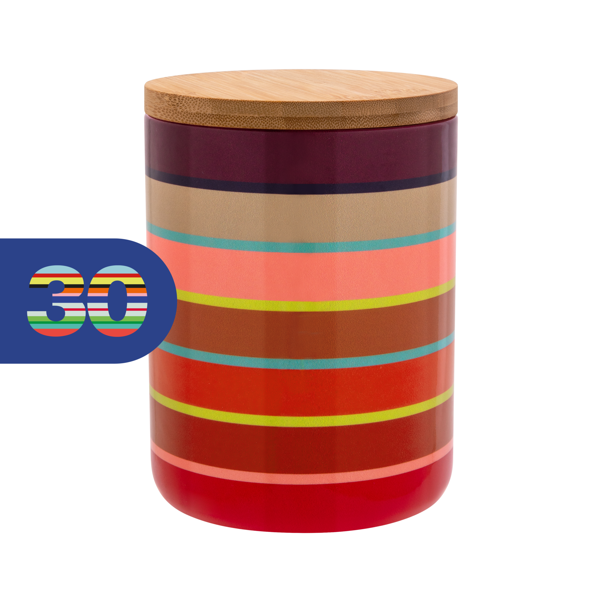 Keramikdose „Remember 30“ mit bunten Streifen in Rot, Orange, Braun, Beige und Türkis sowie hellem Bambusdeckel. Luftdicht verschließbares Steinzeug für Ordnung in der Küche, ideal für Pasta, Kaffee u. a.