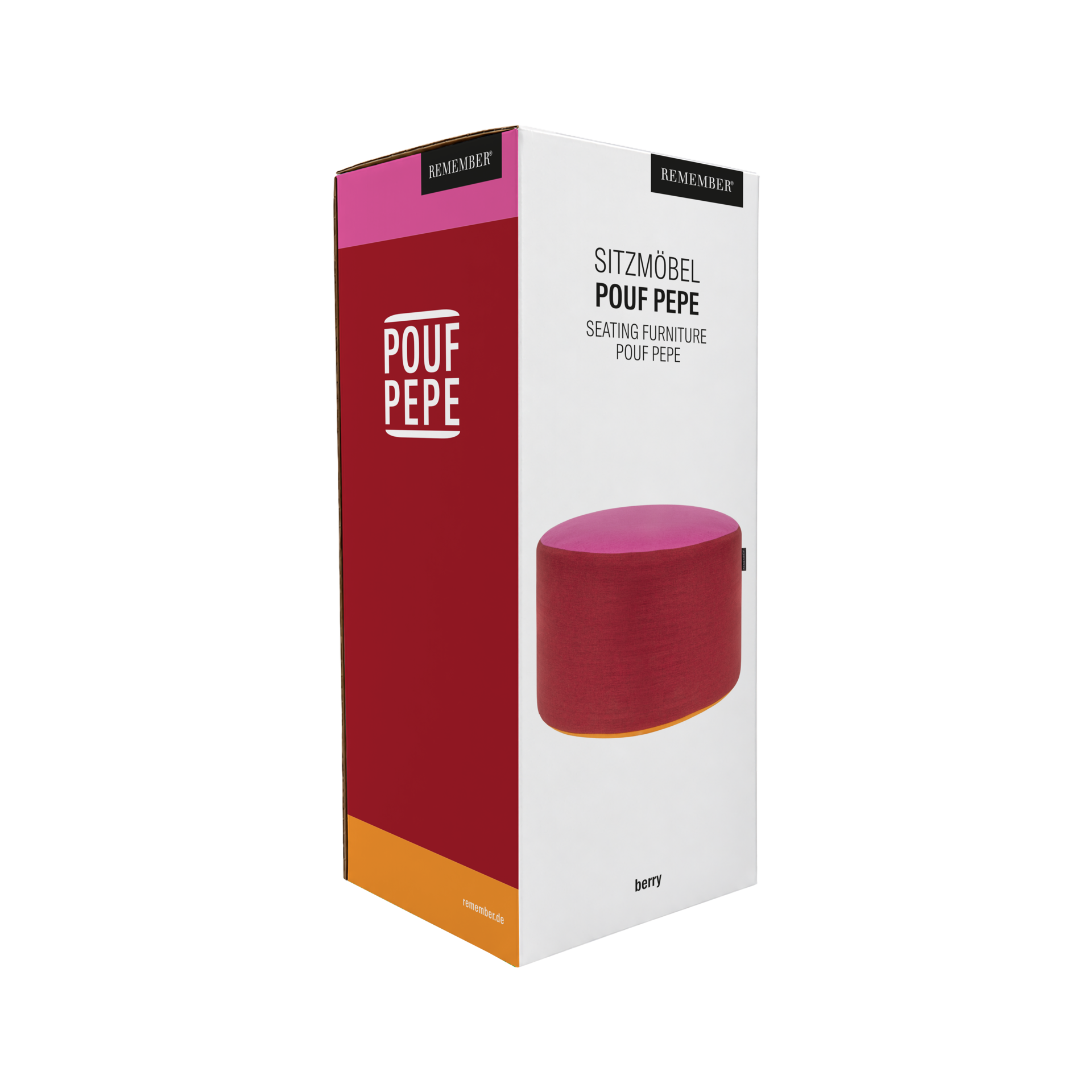 Hoher, rechteckiger Produktkarton für den Pouf Pepe. Vorderseite zeigt runden Pouf mit dreifarbigem Textilbezug in Beere- und Rosatönen, als vielseitiges Sitzmöbel. Unterer Rand orange. Aufdruck „Pouf Pepe berry“.