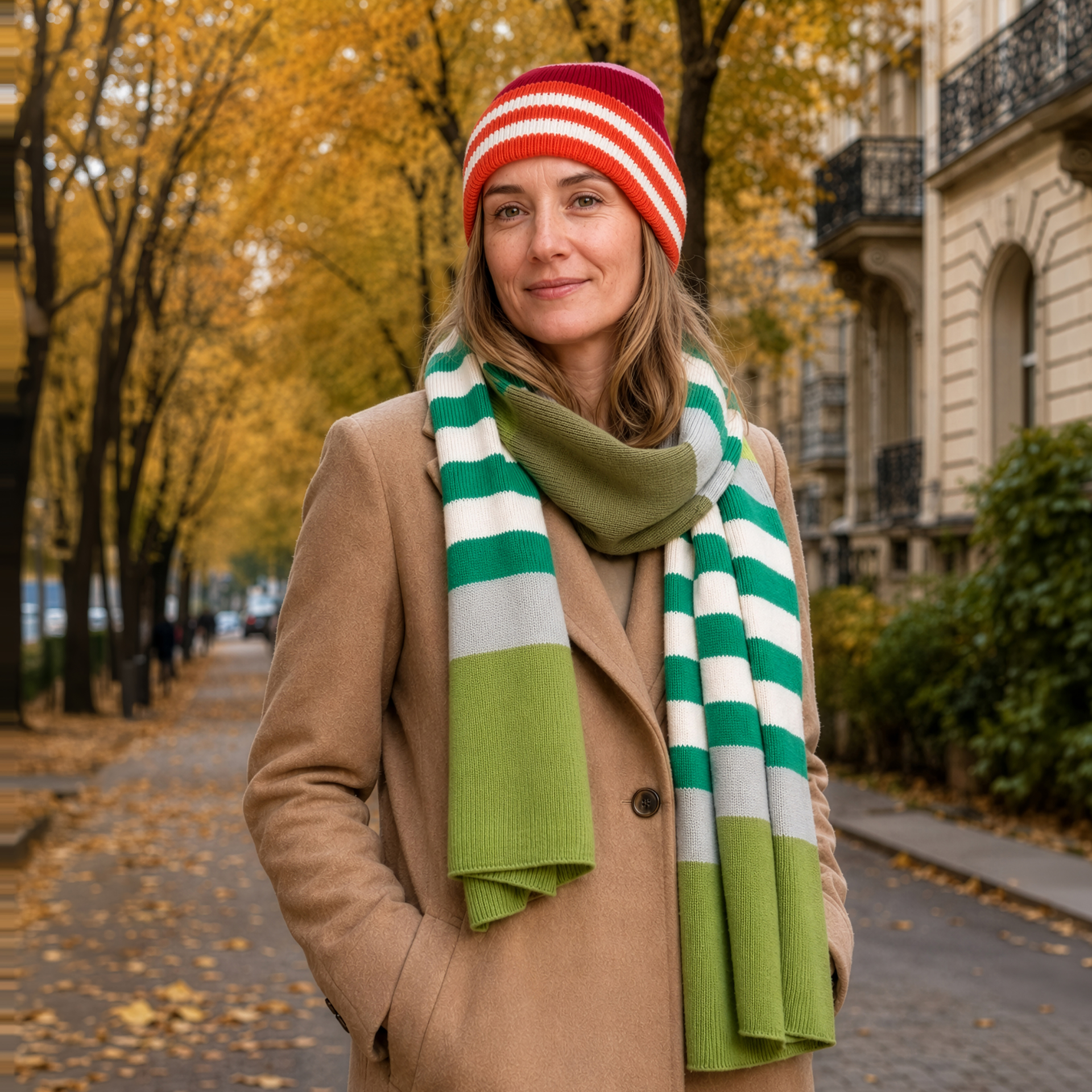 Gebreide katoenen muts in beanie-stijl met streepmotief. Bovenaan een chevronpatroon in feloranje, roze en donker kersenrood. Horizontale omslagrand in oranje en beige. Zwart label met witte opdruk "REMEMBER®".