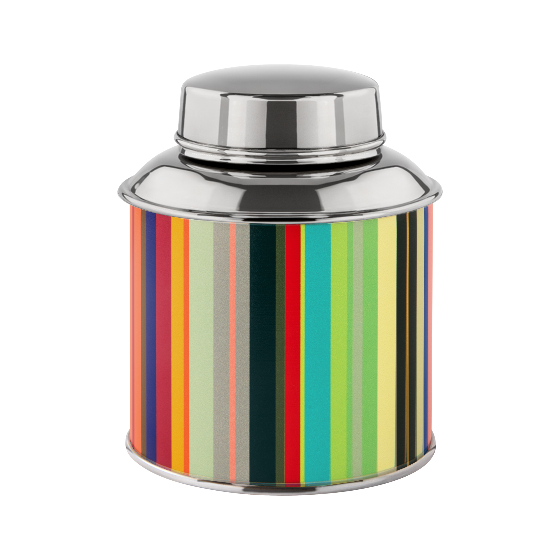 Cylindrical stainless steel tea caddy with a shiny silver lid. The body is decorated with a colourful vertical striped pattern in vibrant autumnal shades such as green, yellow, orange, red, blue and grey.