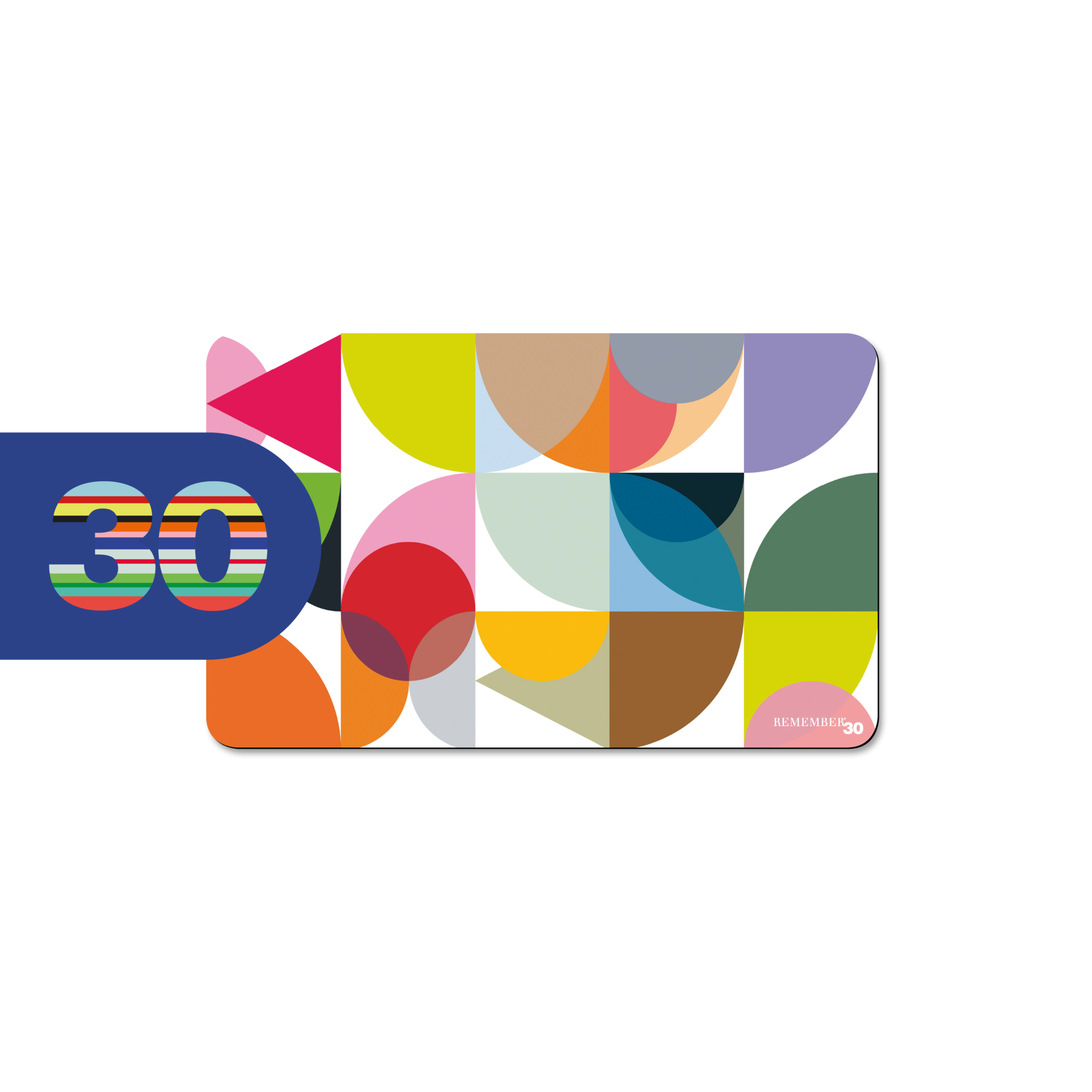 Frühstücksbrettchen "Remember 30" mit geometrischem Muster in bunten Farben und blauer "30" mit farbigen Streifen.