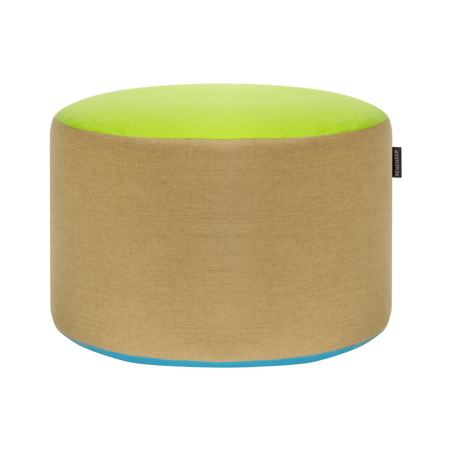 Pouf redondo com revestimento têxtil tricolor: parte superior em verde vivo, corpo em tom areia claro e parte inferior com uma faixa estreita em turquesa. Pequena etiqueta preta « REMEMBER » na lateral. Convida a sentar-se e a relaxar.