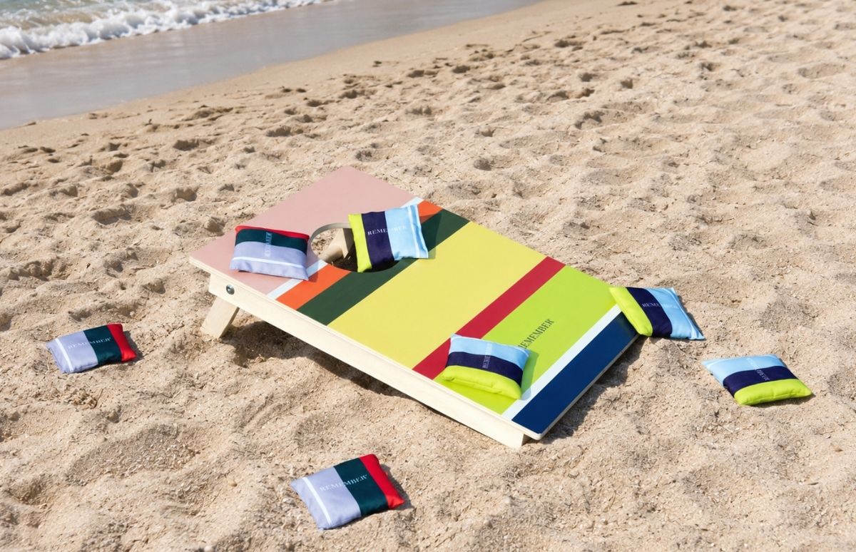 Bunt gestreiftes Cornhole-Spielbrett mit Loch steht auf hellbraunem Sandstrand. Passende farbige Wurfsäckchen liegen teils auf dem Brett, teils im Sand. Im Hintergrund türkisfarbenes Meer mit sanften Wellen.