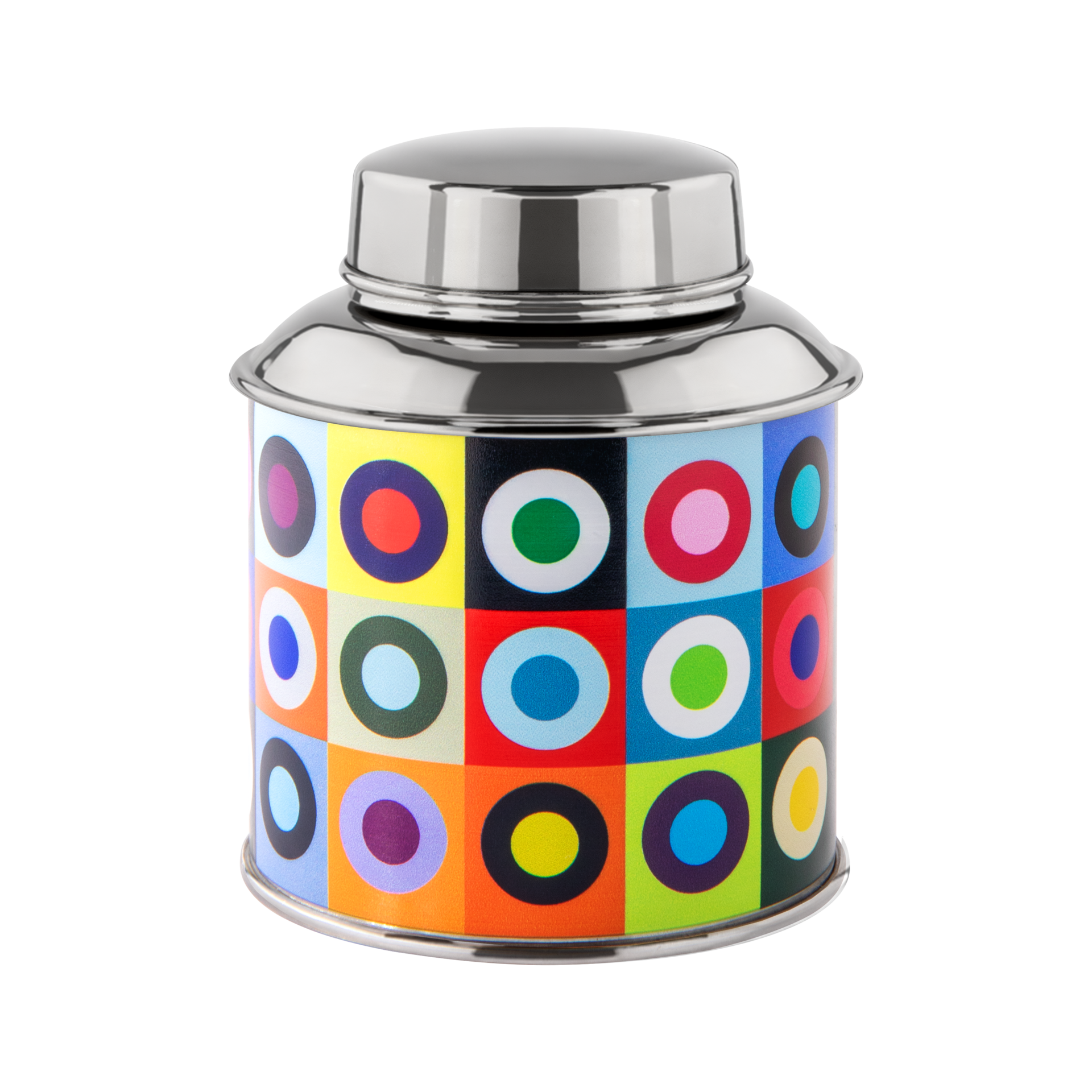 Round stainless steel tea caddy featuring a vibrant, multicoloured square pattern and colourful concentric circles. Topped with a shiny silver-coloured lid. Designed for storing tea; seals tightly to keep the contents fresh.
