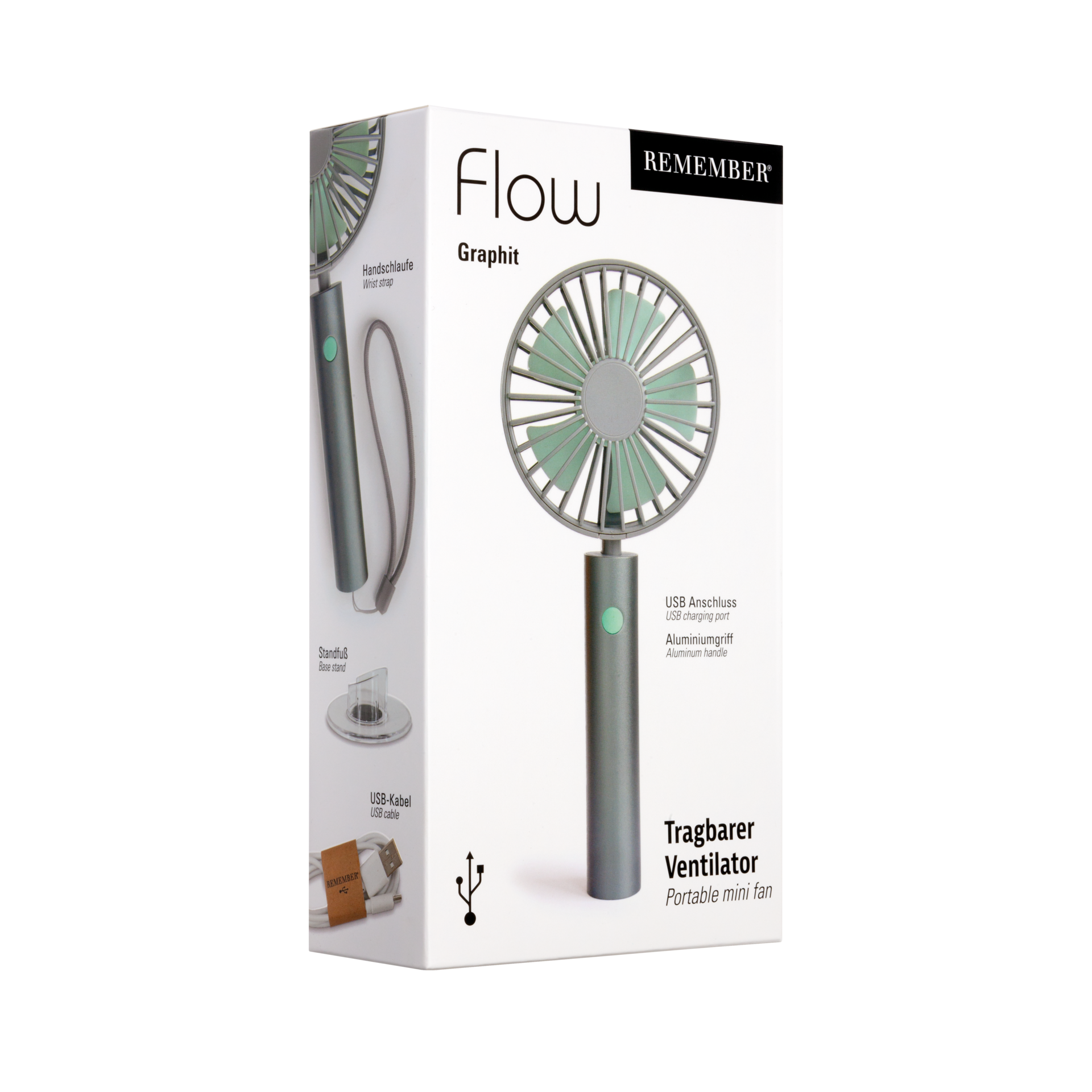 Emballage du ventilateur Flow 'graphite', avec des détails comme la dragonne, le pied et le câble USB. Le ventilateur lui-même a une poignée en aluminium et une tête pivotante.