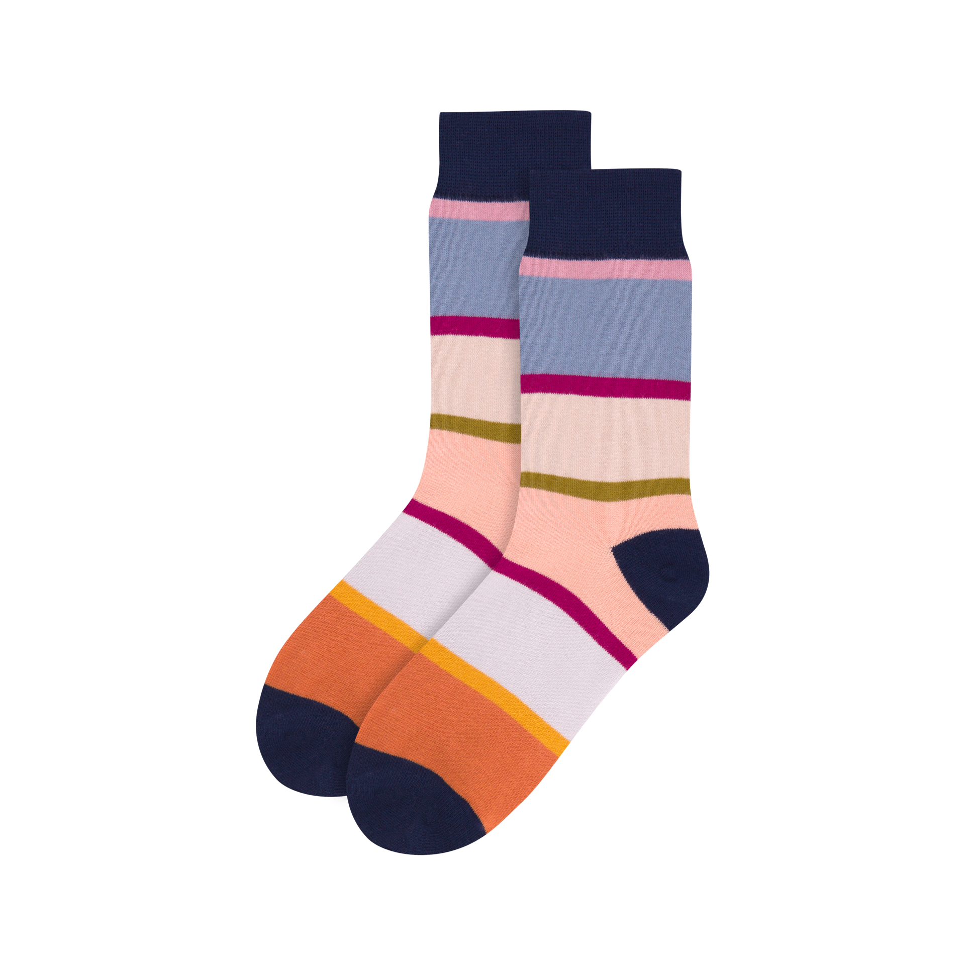 Dos calcetines de hombre con diseño a rayas en naranja, blanco, morado, azul y rosa. Puños en azul oscuro y talones reforzados.