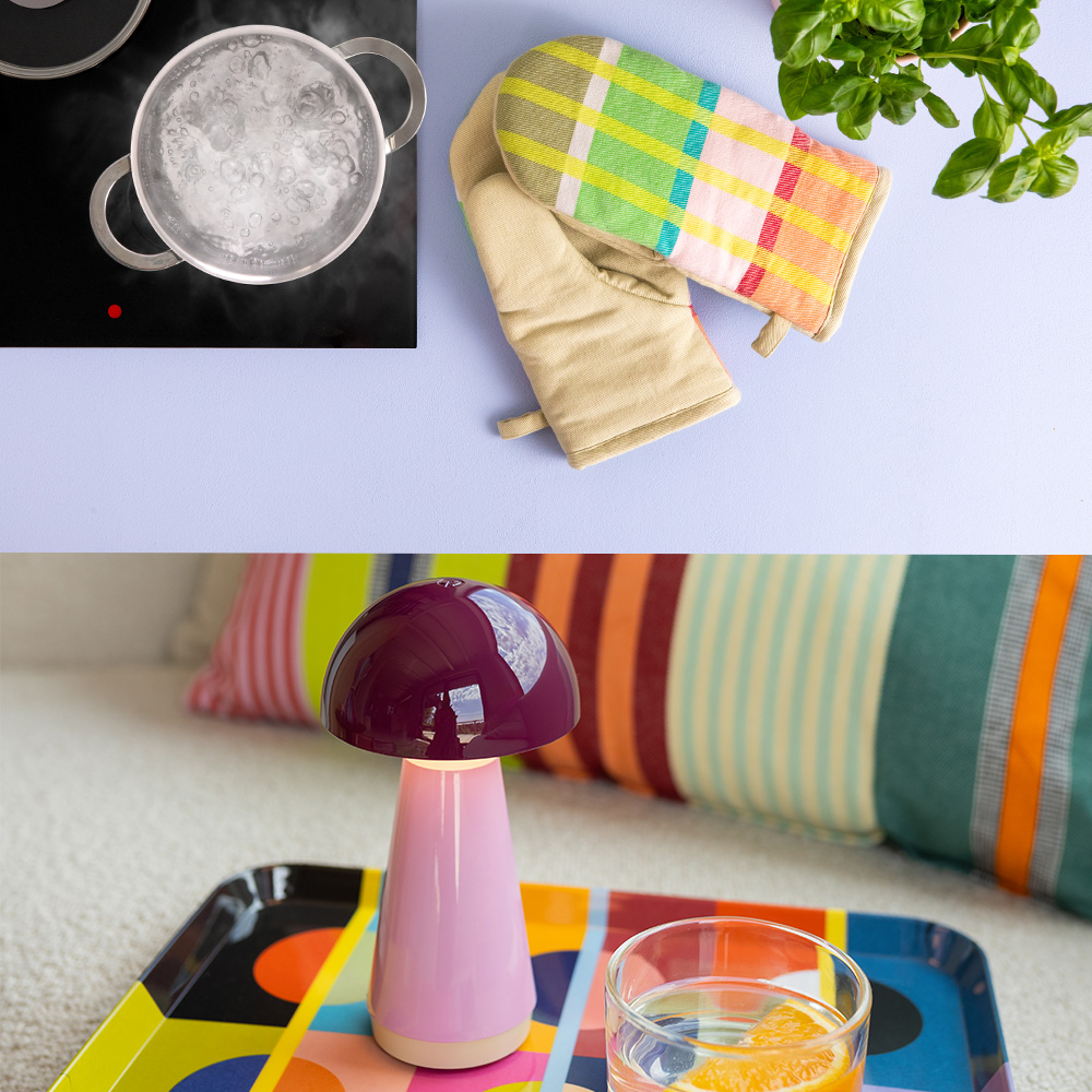 Collage de accesorios de cocina y hogar. Arriba izq.: agua hirviendo en una olla sobre inducción. Arriba der.: dos manoplas y albahaca fresca en fondo morado. Abajo: lámpara seta, vaso con naranja y bandeja de colores.
