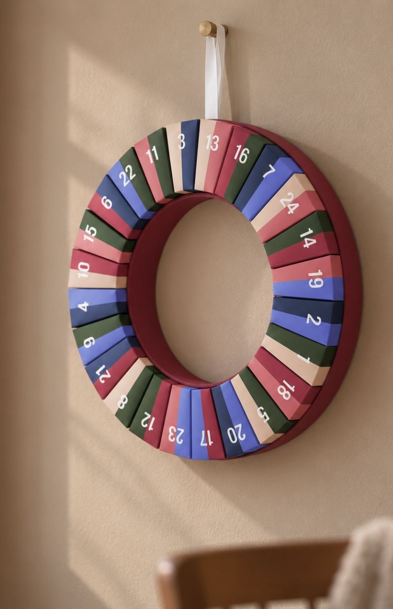 Ein runder Adventskalender in Kranzform hängt an einer hellbraunen Wand. Er besteht aus 24 bunten Fächern in Rot, Grün, Blau, Beige und Rosa, mit weißen Nummern 1 bis 24. Er ist mit weißem Band am Holzhaken befestigt.