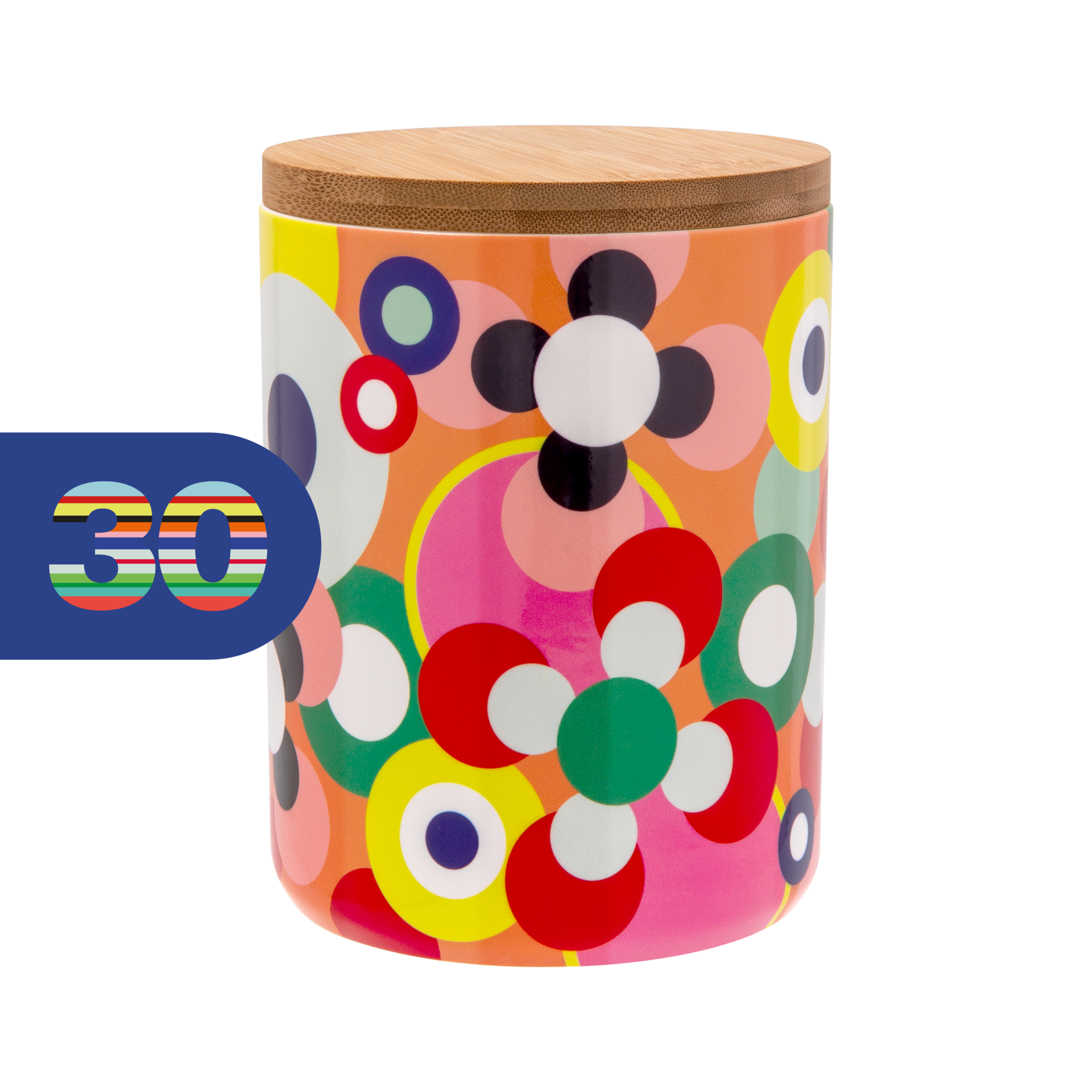 Farbenfrohe zylindrische Keramikdose mit luftdichtem Bambusdeckel. Verziert mit abstraktem Blumen- und Kreismuster in Orange, Pink, Gelb, Rot, Grün, Schwarz und Weiß. Blaue Markierung mit „30“ der Remember 30 Kollektion.