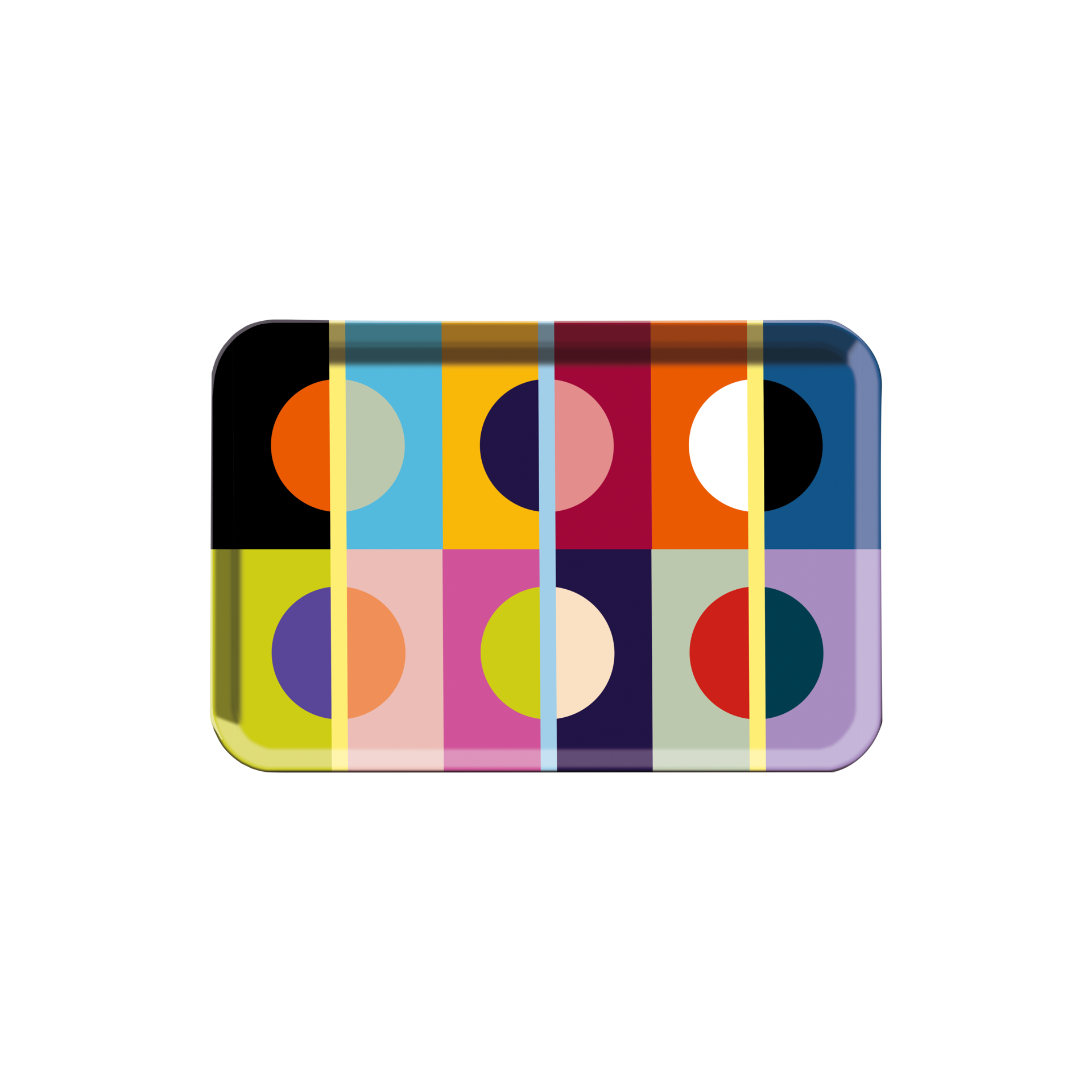 Mini tray with rounded edges and a colourful, geometric pattern. The surface is divided into 12 squares, each featuring a coloured circle in the centre. The colour palette ranges from vibrant light shades to rich dark tones, with fine lines.