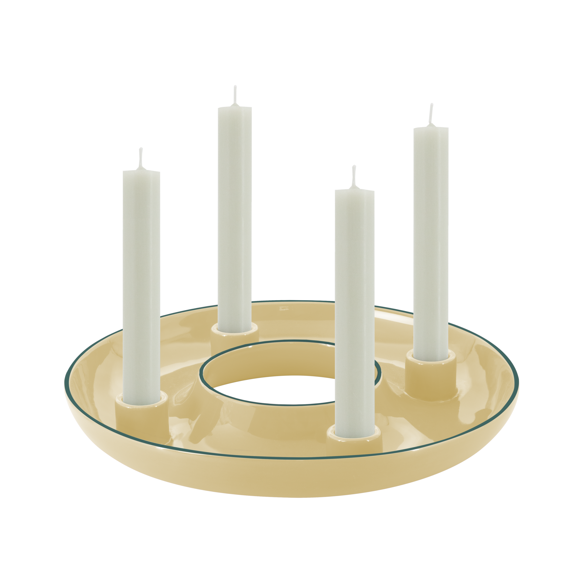 Plat élégant pour couronne de l'Avent beige en céramique dolomitique, bord vert foncé sur surface blanche. Quatre bougies cylindriques blanches, élancées et fixées dans des supports intégrés au plat rond. Ouverture centrale.