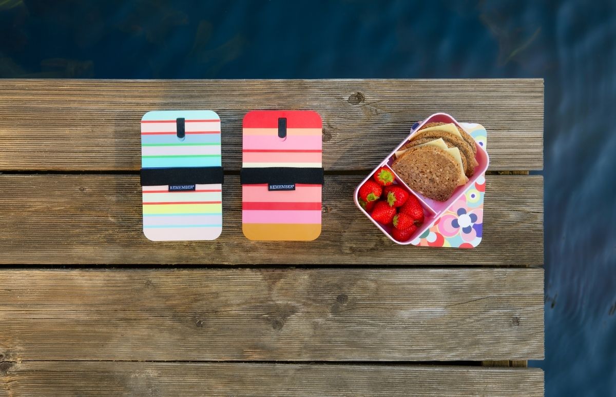 Zwei gestreifte Handyhüllen und eine offene Brotzeitbox liegen auf einem Holzsteg über blauem Wasser. Links pastellfarbene Streifen, rechts kräftige Rottöne. In der Box: Vollkornbrot mit Käse und frische Erdbeeren.