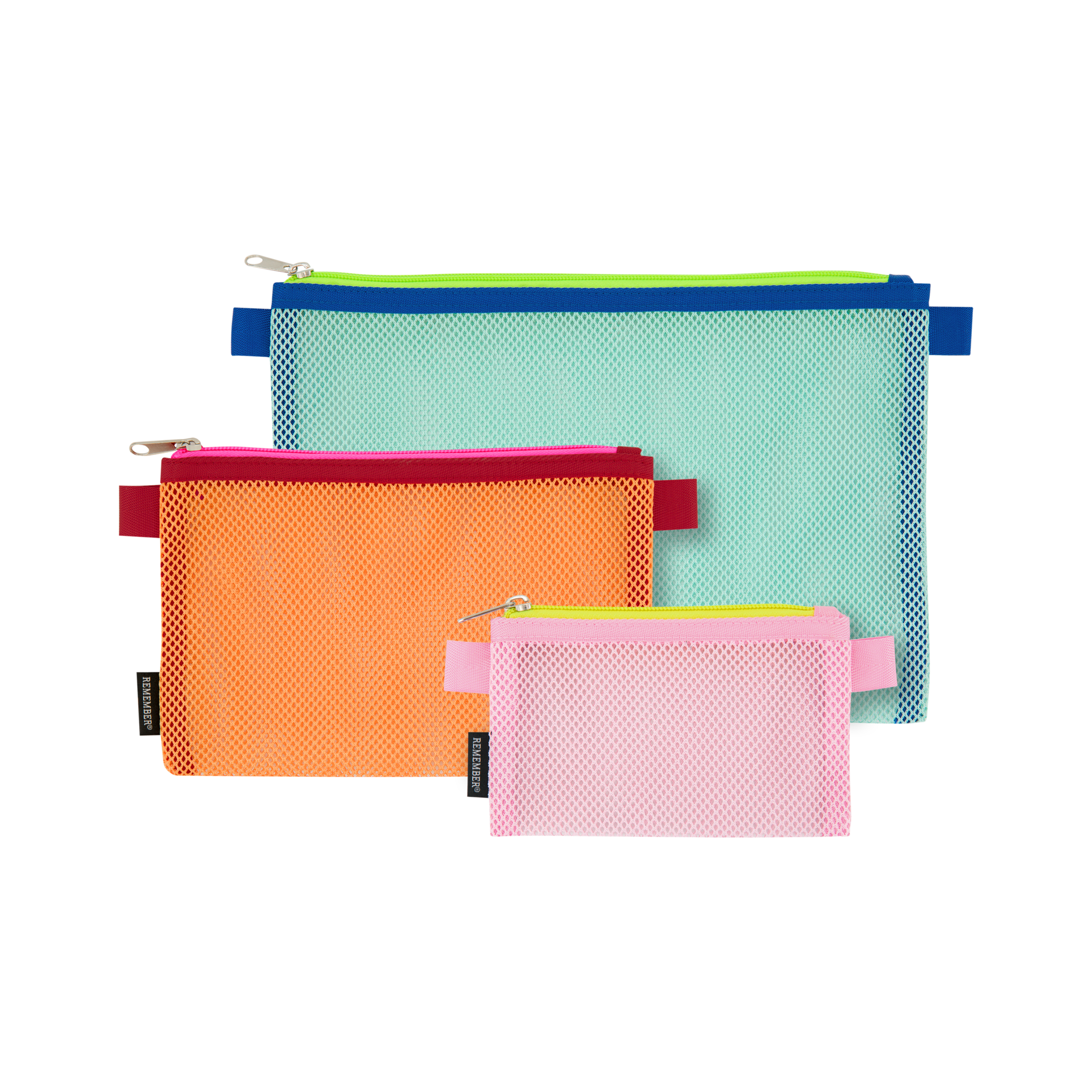 Three coloured mesh bags 'Alice' in a set. Sizes: large, turquoise; medium, orange; small, pink. Each bag has a zip.
