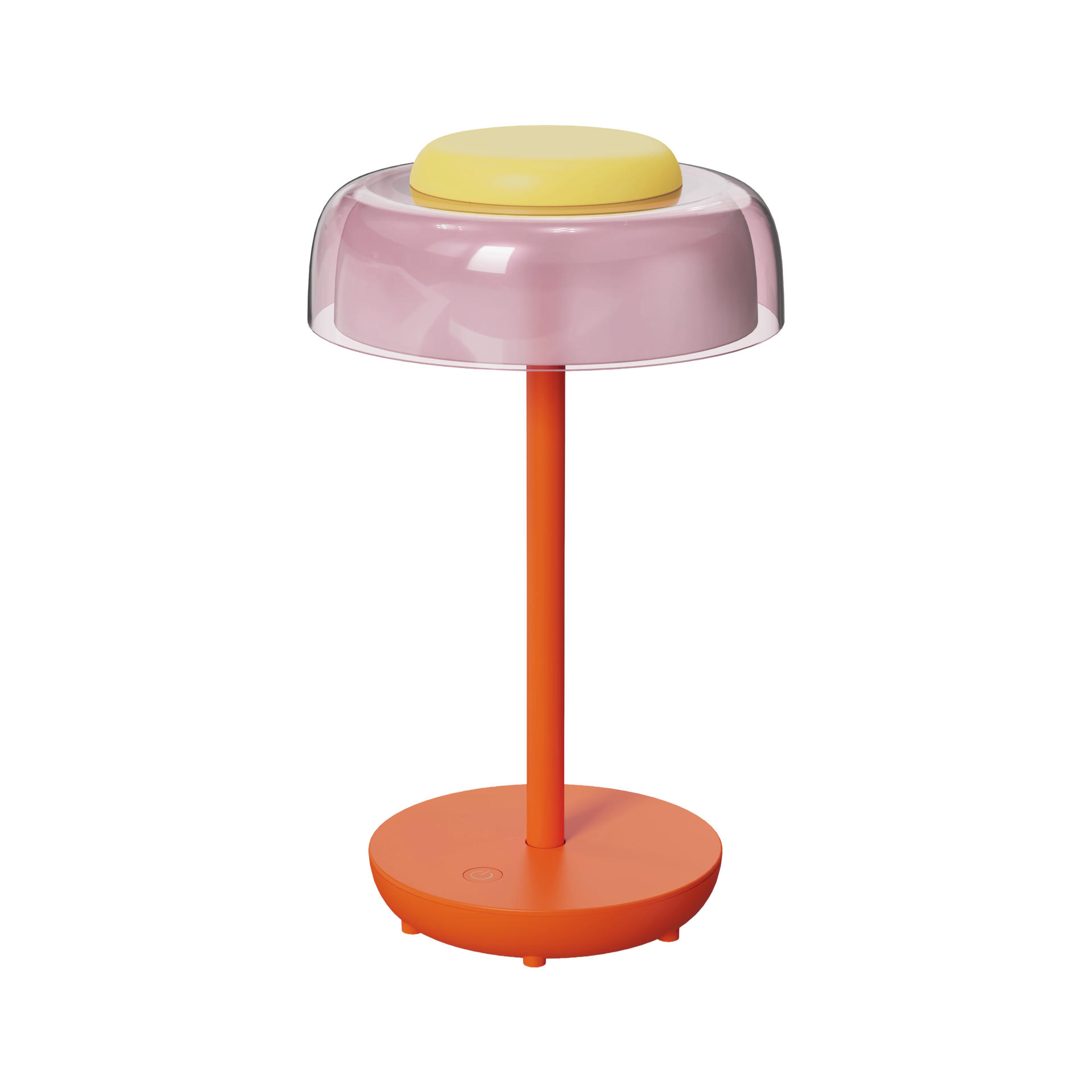 Moderne draadloze tafellamp met een driekleurig ontwerp op een witte achtergrond. Ronde voet en slanke steel in feloranje. Bovenaan: transparante buitenscherm, roze binnenscherm, platte gele bovenkant. Touch-symbool op de voet.