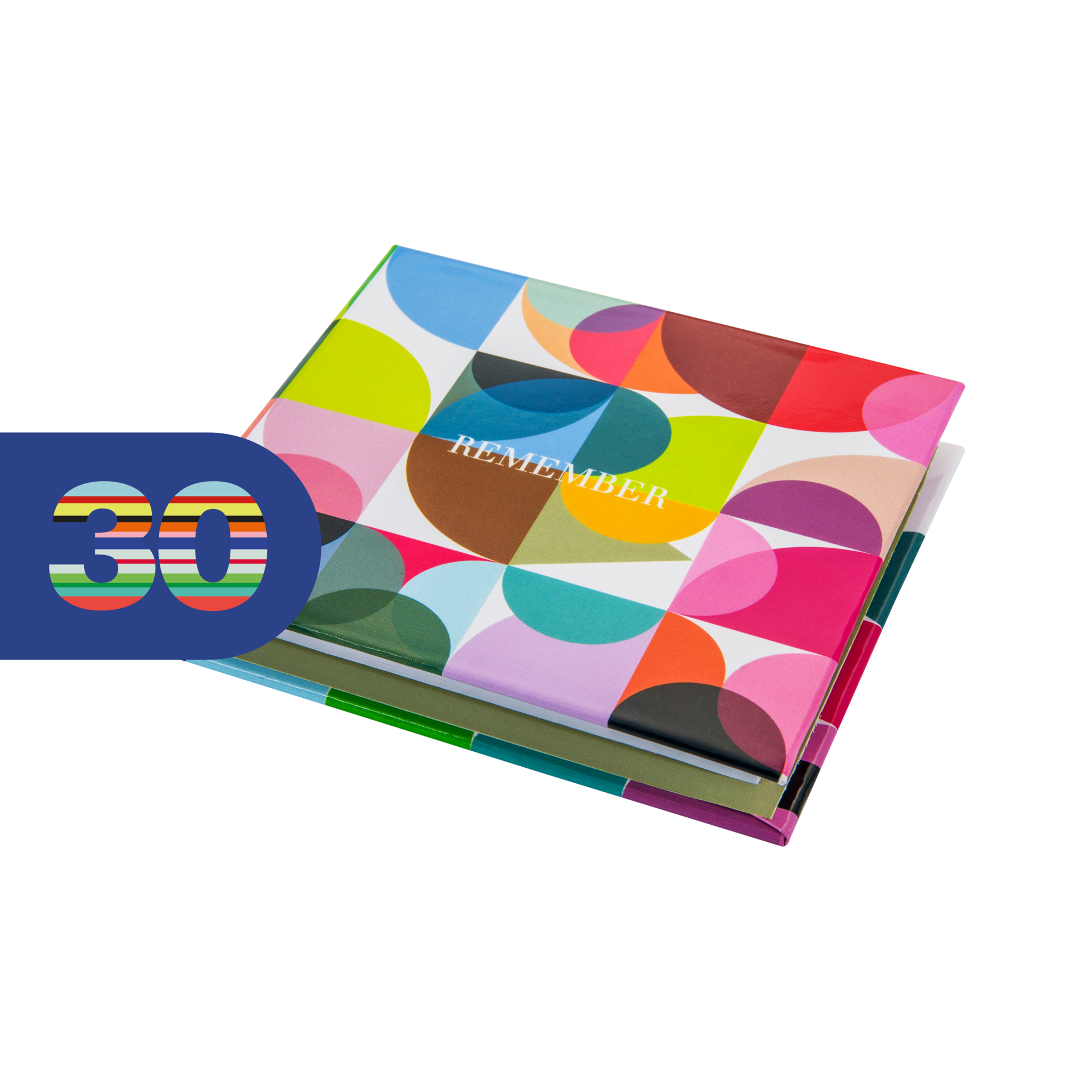 Ein Memoblöckchen mit lebhafter, abstrakter geometrischer Musterung auf dem Deckel. Halbkreise und Quadrate in leuchtenden Farben wie Blau, Grün, Pink und Orange. In der Mitte steht 'REMEMBER'. Handlich, mit vielen Zetteln für Notizen.