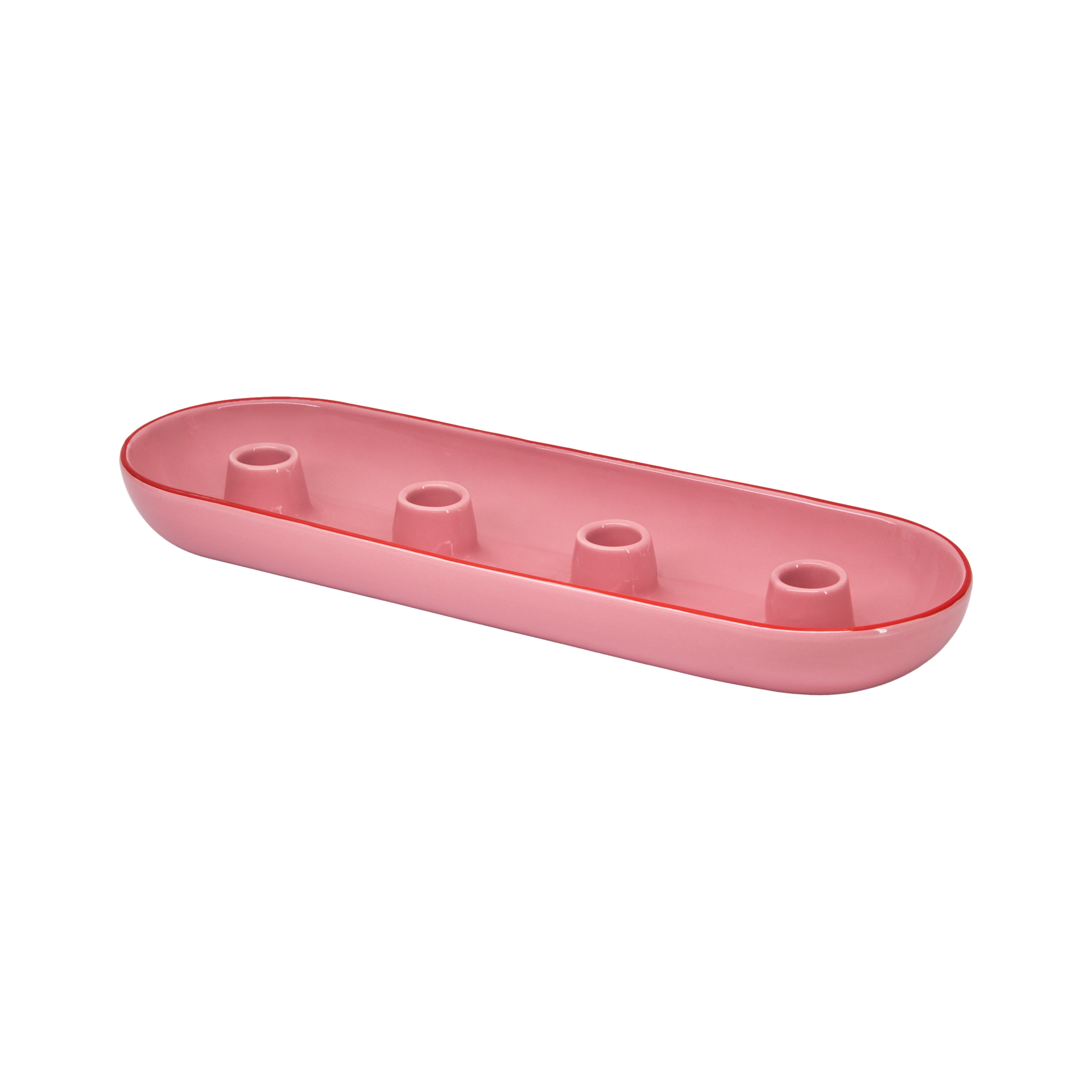 Coupelle ovale pour couronne de l'Avent « Lucia » en céramique de dolomite rose, idéale pour les rebords de fenêtre ou les buffets. Dotée de quatre supports surélevés intégrés pour bougies cylindriques. Bord supérieur orné d'une ligne rouge foncé.
