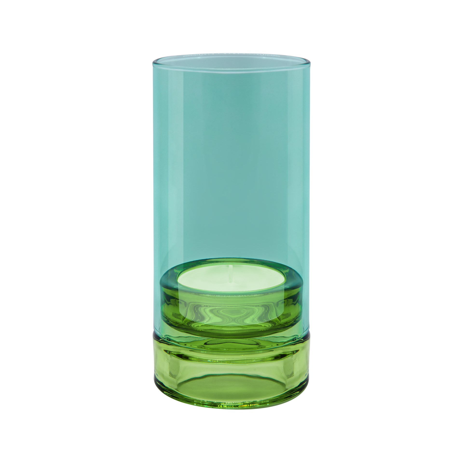 Linterna verde «Lys» con una velita en su interior. La parte superior de la linterna es de color azul claro.
