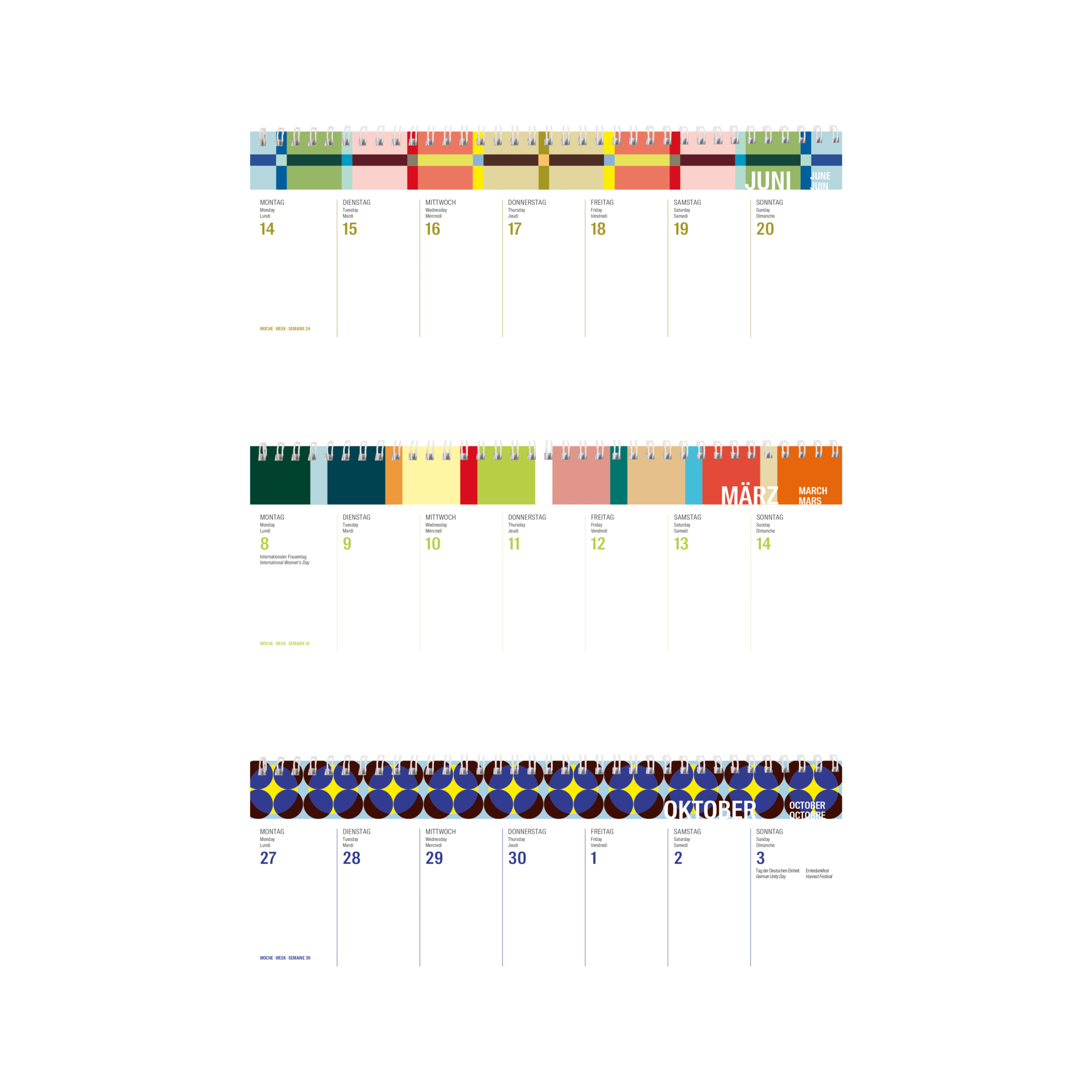 Agenda 2027 à spirale : 3 pages de semaines (juin, mars, oct.) aux motifs colorés. Cases pour RDV + zone notes.