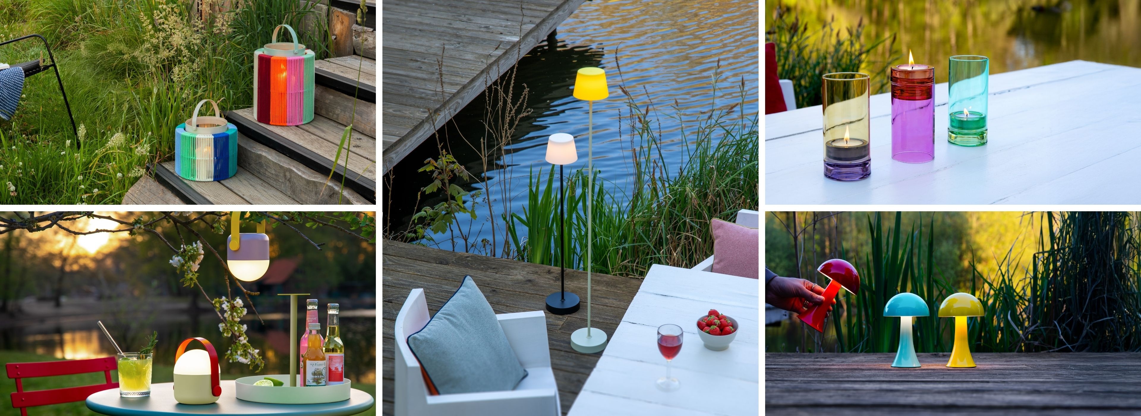 Collage farbiger Outdoor-Leuchten in naturnaher Umgebung: gestreifte Laternen auf Holzstufen im hohen Gras, Stehlampen am Teich, bunte Teelichthalter, pilzförmige Leuchten am Wasser und Hängelaterne bei Sonnenuntergang.