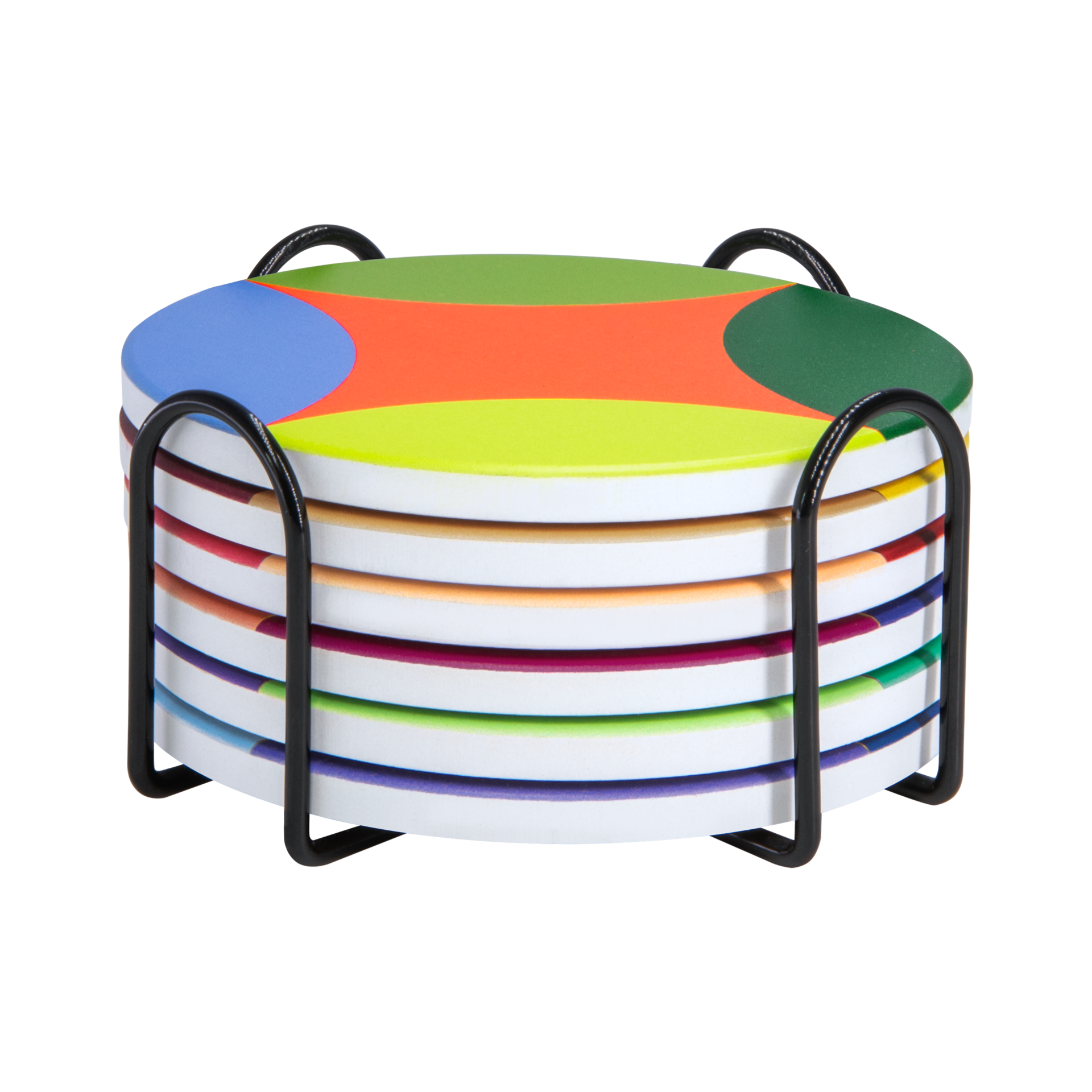 Six round, coloured ceramic coasters stacked in a black metal holder. Each has its own design, visible on the side and top. Top: a pattern of blue, orange, light and dark green areas. Cork underside, white rims.