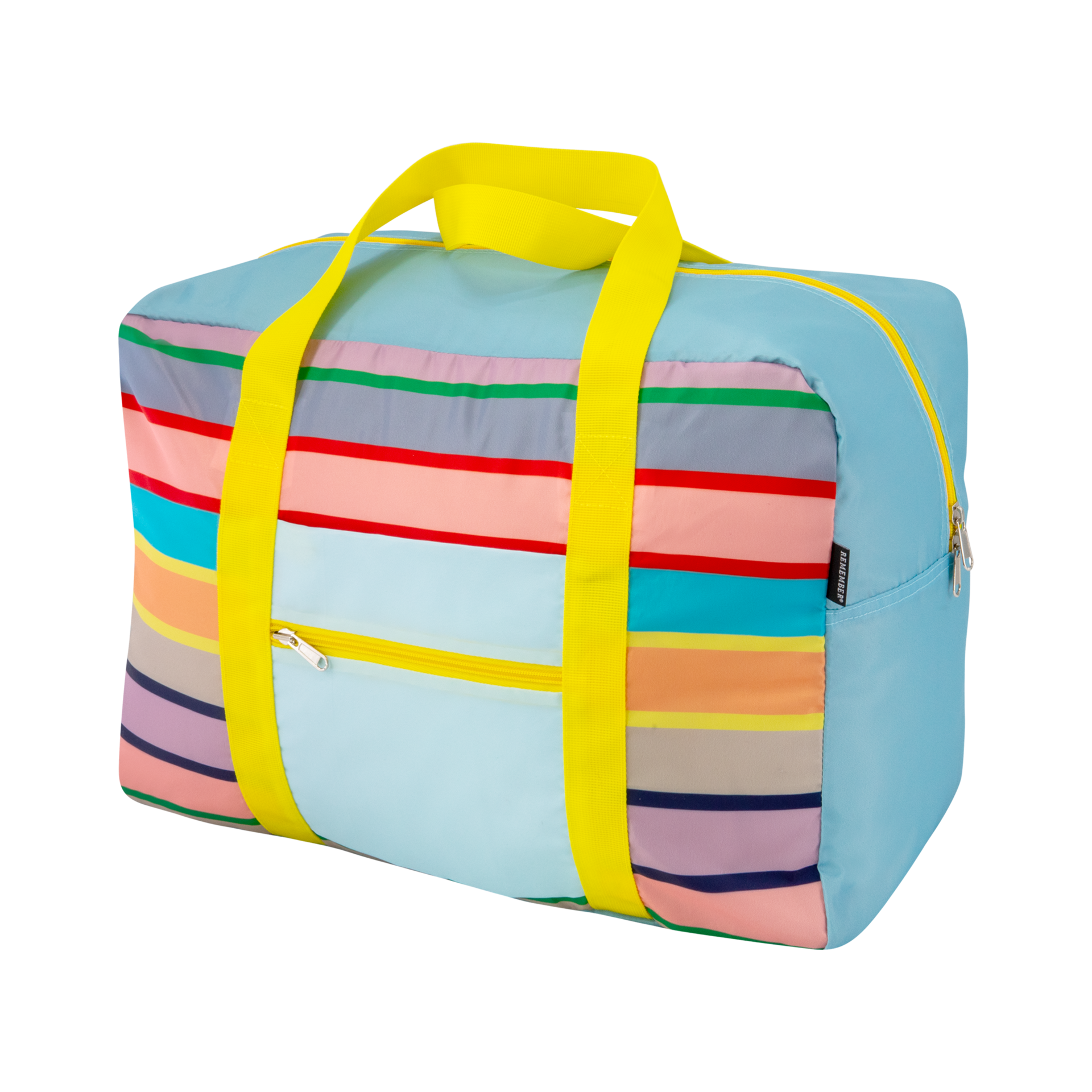 Rechteckige Freizeit- und Reisetasche mit Streifen in Hellblau, Pink, Grün, Grau, Rot, Türkis, Orange, Gelb, Dunkelblau, Lila. Ober- und Seitenbereiche sind hellblau. Zwei leuchtend gelbe Tragegriffe und gelbe Reißverschlüsse für Haupt- und Vordertasche.