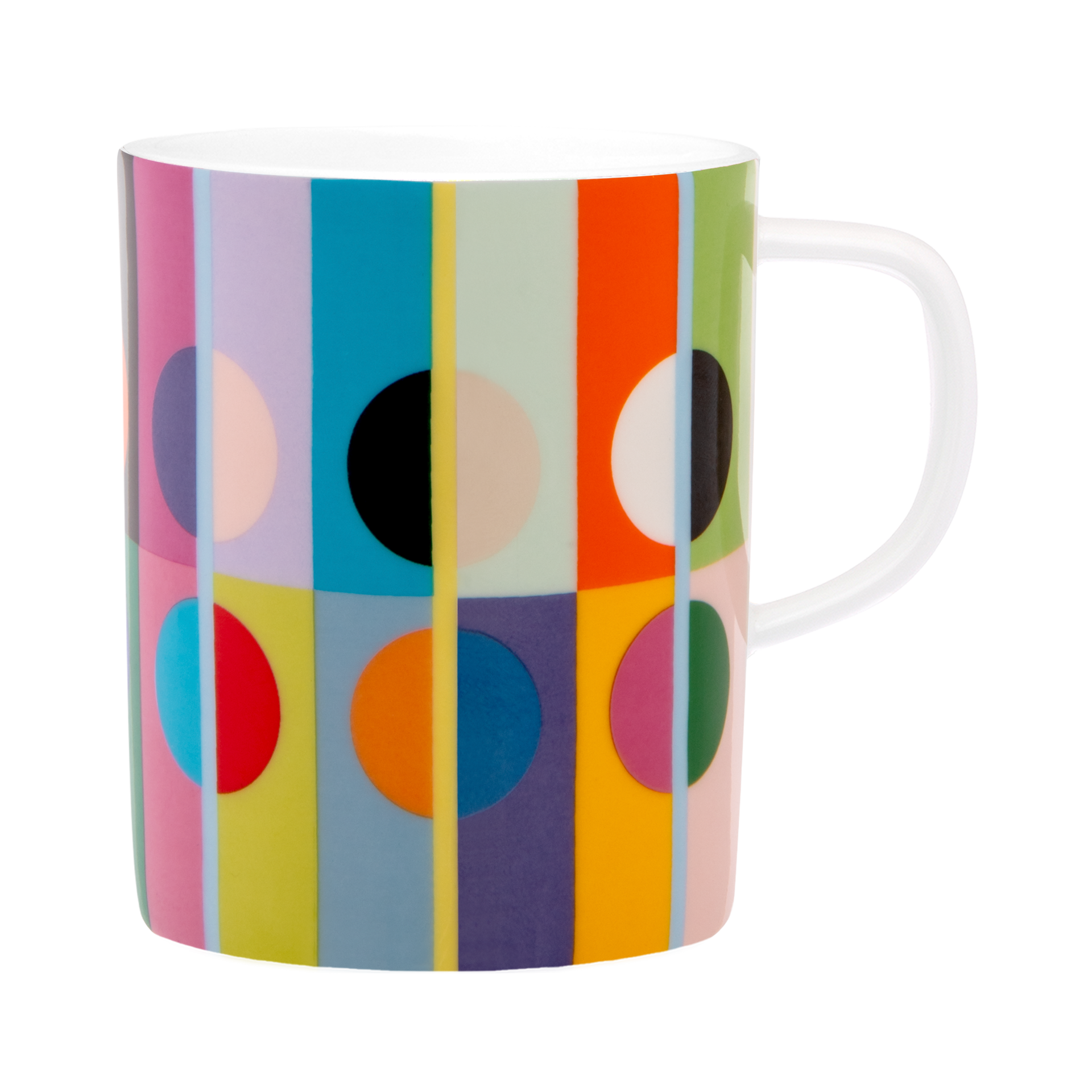 Taza «Orb» de porcelana de vivos colores con un llamativo diseño geométrico: amplias rayas verticales en rosa, azul, amarillo, verde y naranja. Sobre ellas, grandes círculos en negro, blanco y rojo, algunos superpuestos. Asa blanca.
