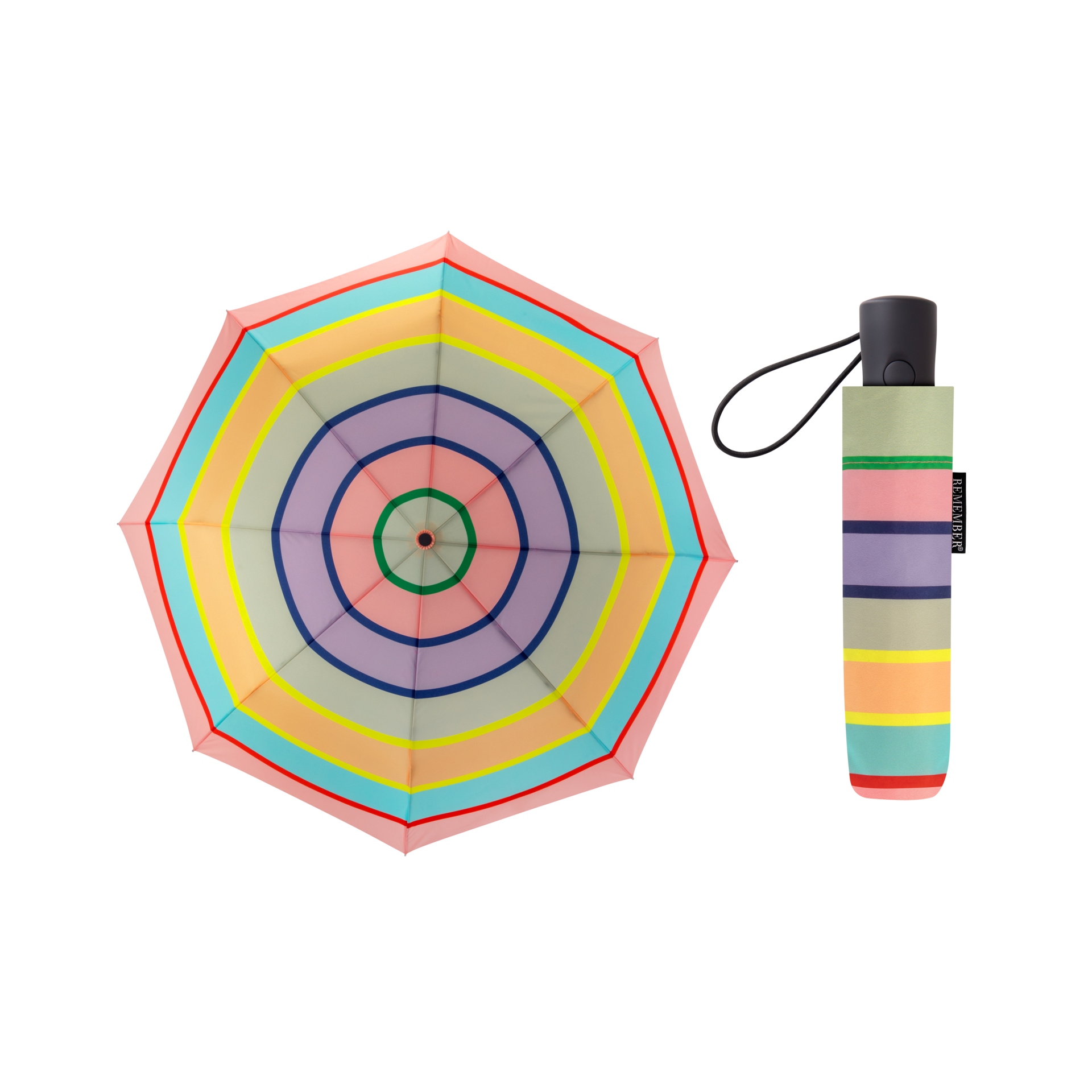 Ombrello tascabile "Levante" aperto e colorato con motivo a righe, chiuso da una copertura in tinta.