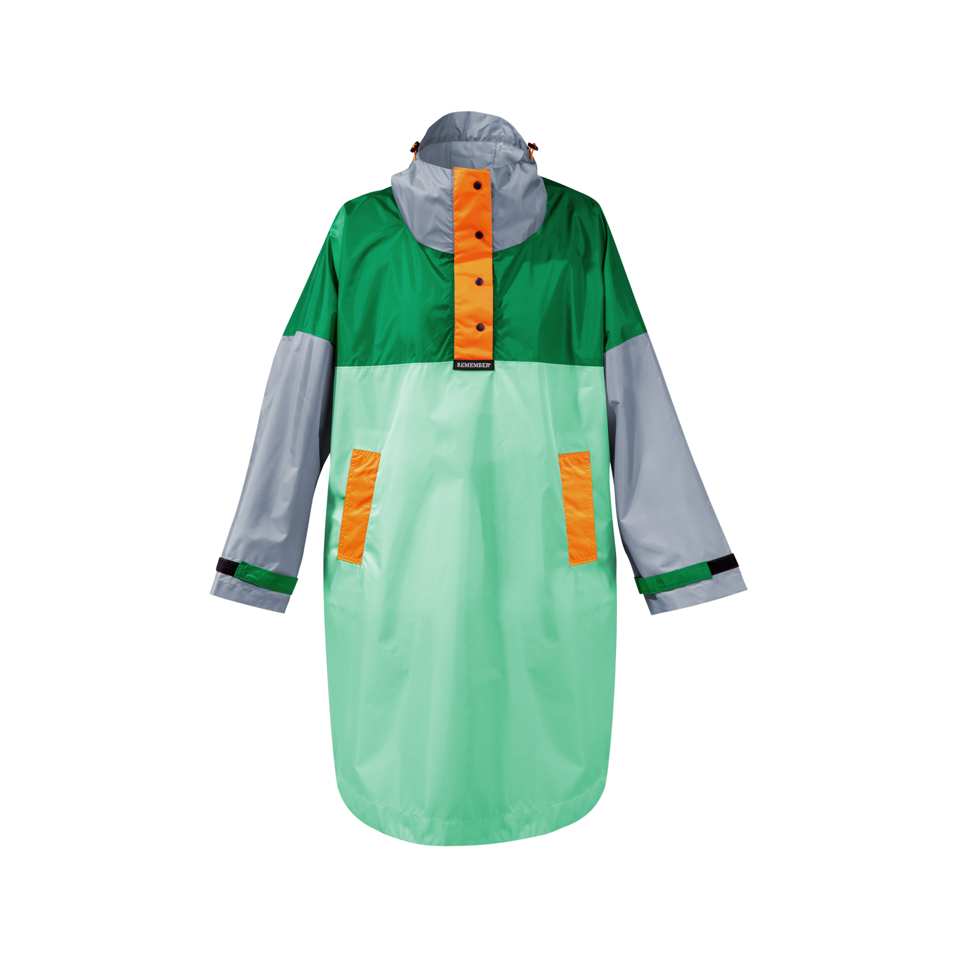 Capa impermeable Max con corte recortado en verde, gris y menta, con detalles en naranja y botones a presión. Se aprecian la capucha y los bolsillos laterales.