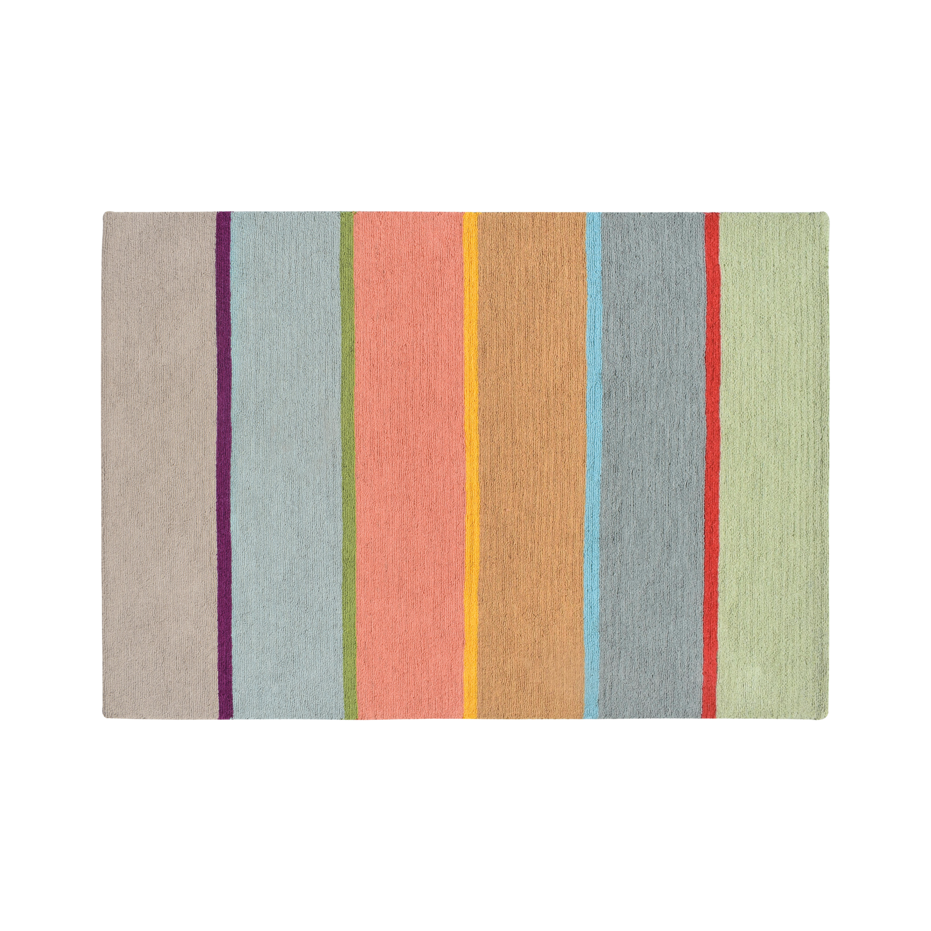 Alfombra rectangular de lana «Cambridge» con rayas verticales en gris, morado, azul, verde, rosa, amarillo, marrón, rojo y verde claro.