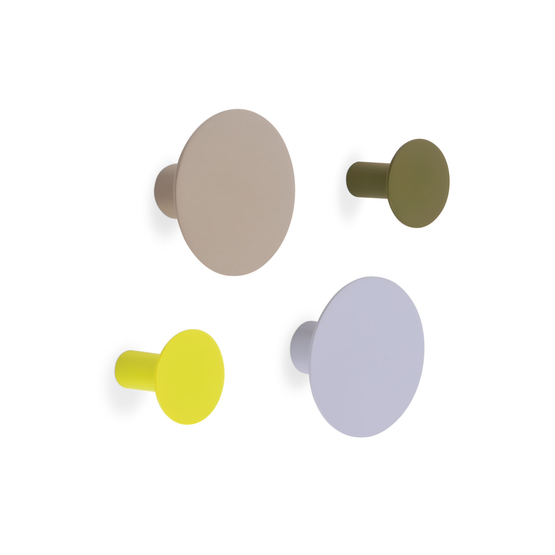 Four different coloured wall hooks: beige, olive green, yellow and purple. Two larger and two smaller round hooks can be seen on a white background.