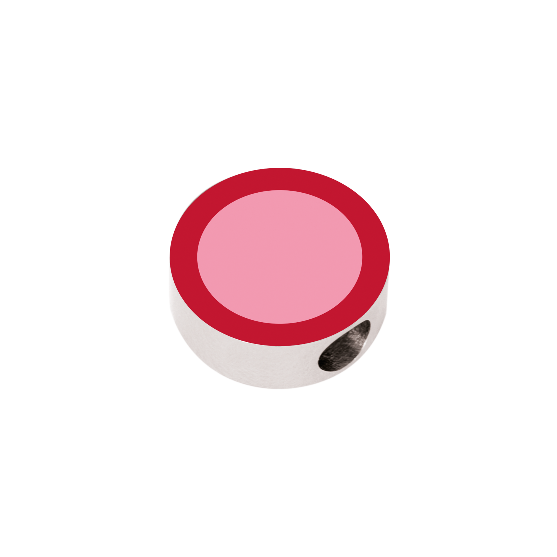 Ciondolo rotondo per gioielli con bordo rosso e centro rosa chiaro. Realizzato in acciaio inossidabile color argento. Sul lato è visibile un'apertura.