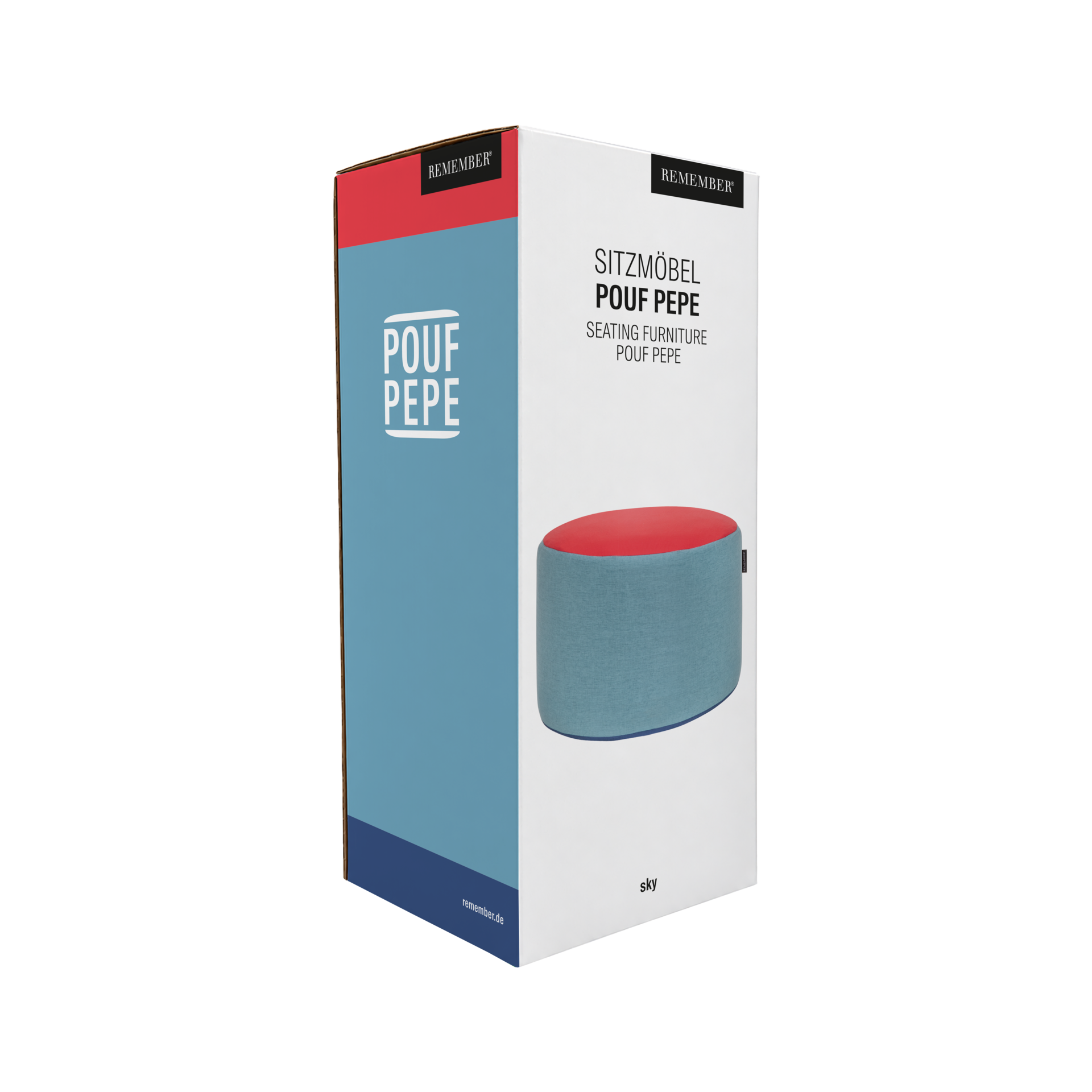 Eine Produktverpackung für den Pouf Pepe. Die weiße Box zeigt einen runden Hocker in hellem Sky-Blau mit einer leuchtend roten Oberseite und einem dunklen, blauen Boden. Die Verpackung selbst hat rote und hellblaue Flächen mit dem Schriftzug 'Pouf Pepe'.