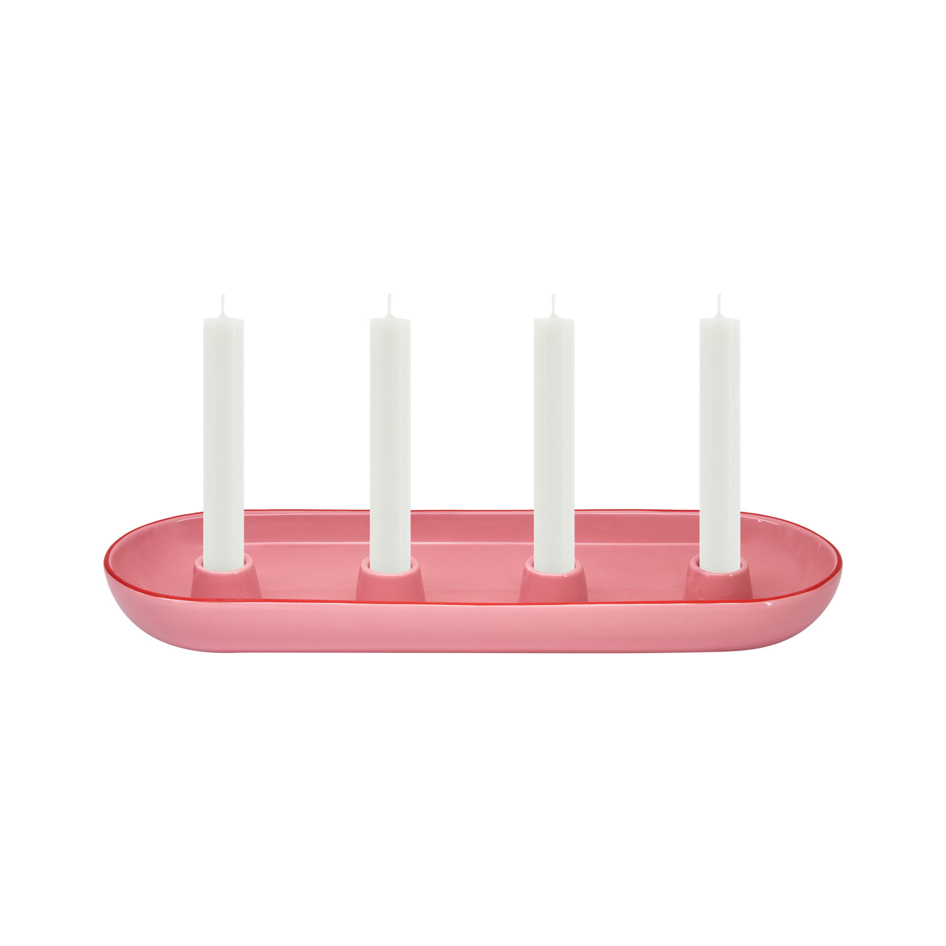 Coupelle ovale pour couronne de l'Avent, de couleur rose, en céramique de dolomite brillante, avec quatre bougies blanches droites fixées dans des supports intégrés. Idéale pour les rebords de fenêtre étroits ou les buffets, design épuré.