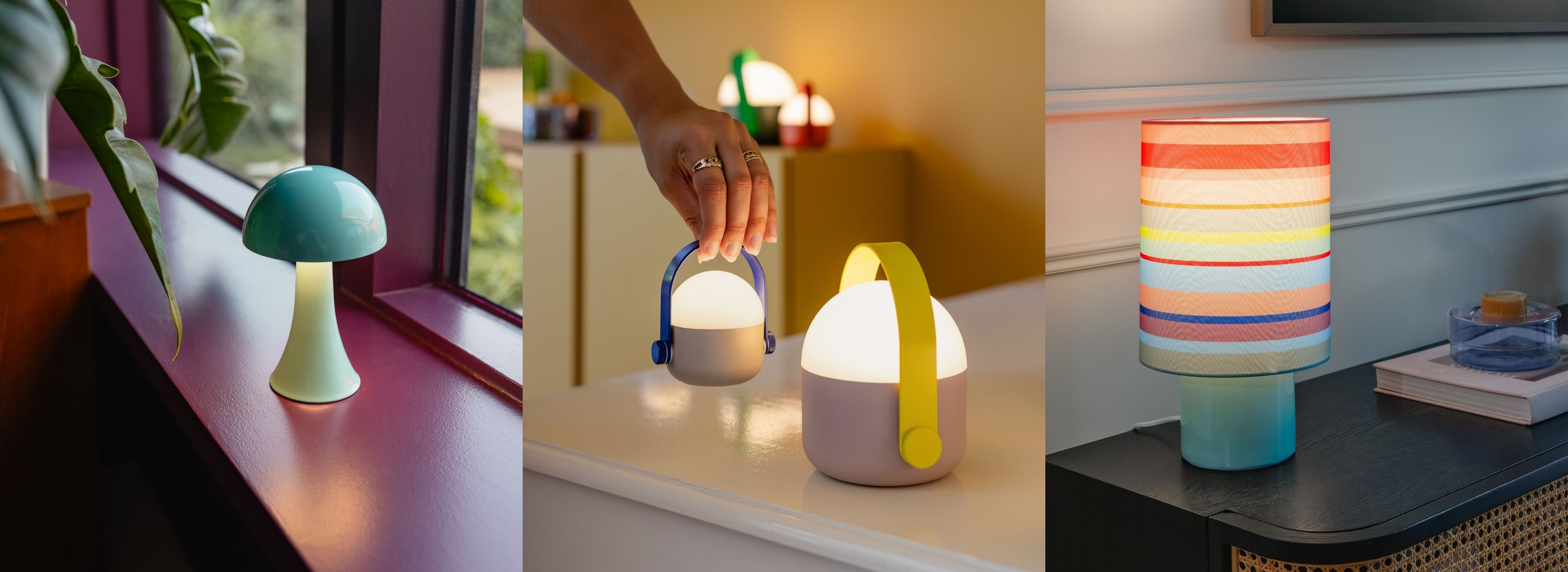 Left: blue mushroom lamp by plant on purple sill. Center: hand holds small gray lantern w/ blue handle; another w/ yellow. Right: striped lampshade on dark table.