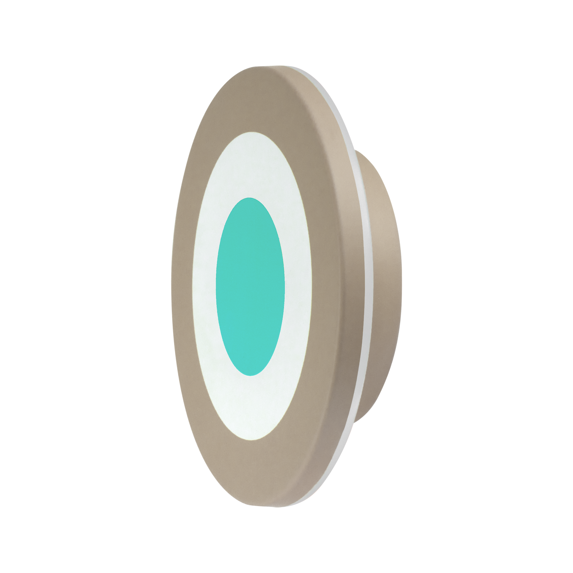 Kreisförmige Wandleuchte im minimalistischen Design mit konzentrischen Ringen: beigefarbener Außenring, weißer Mittelring und leuchtend blauer Innenkreis als Lichtquelle. Leicht schräg dargestellt, betont sie flache Bauweise und grafische Ästhetik.