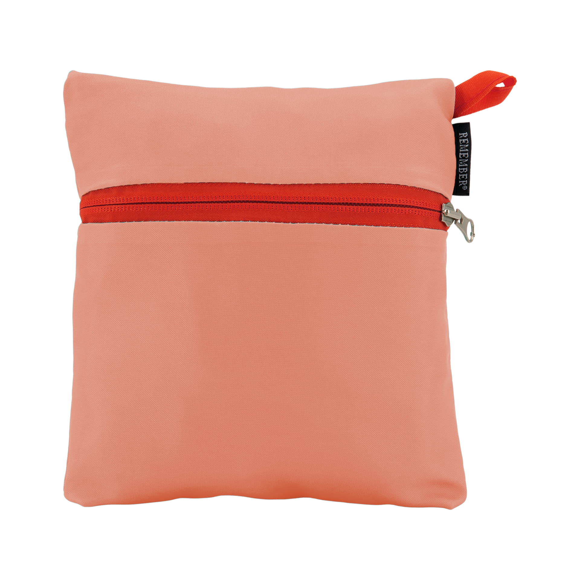 Zusammengefaltete Freizeit- und Reisetasche in sanftem Pfirsich-Orange aus glänzendem Polyester. Mit leuchtend orangefarbenem Reißverschluss oben, kleinem Tragegurt und Markenetikett an der Seite. Leicht, als Zusatztasche.