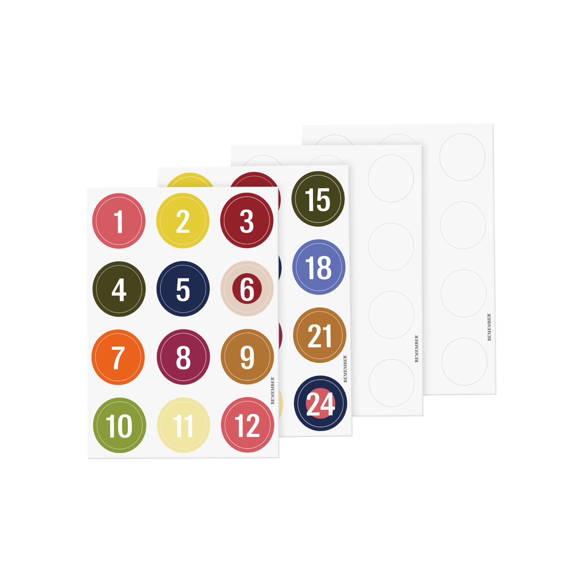 Juego de pegatinas para calendarios de Adviento con 3 hojas: pegatinas de números redondas y de colores (del 1 al 24), así como 2 hojas de pegatinas redondas blancas en blanco para escribir. Ideal para 24 bolsitas de calendario de Adviento.
