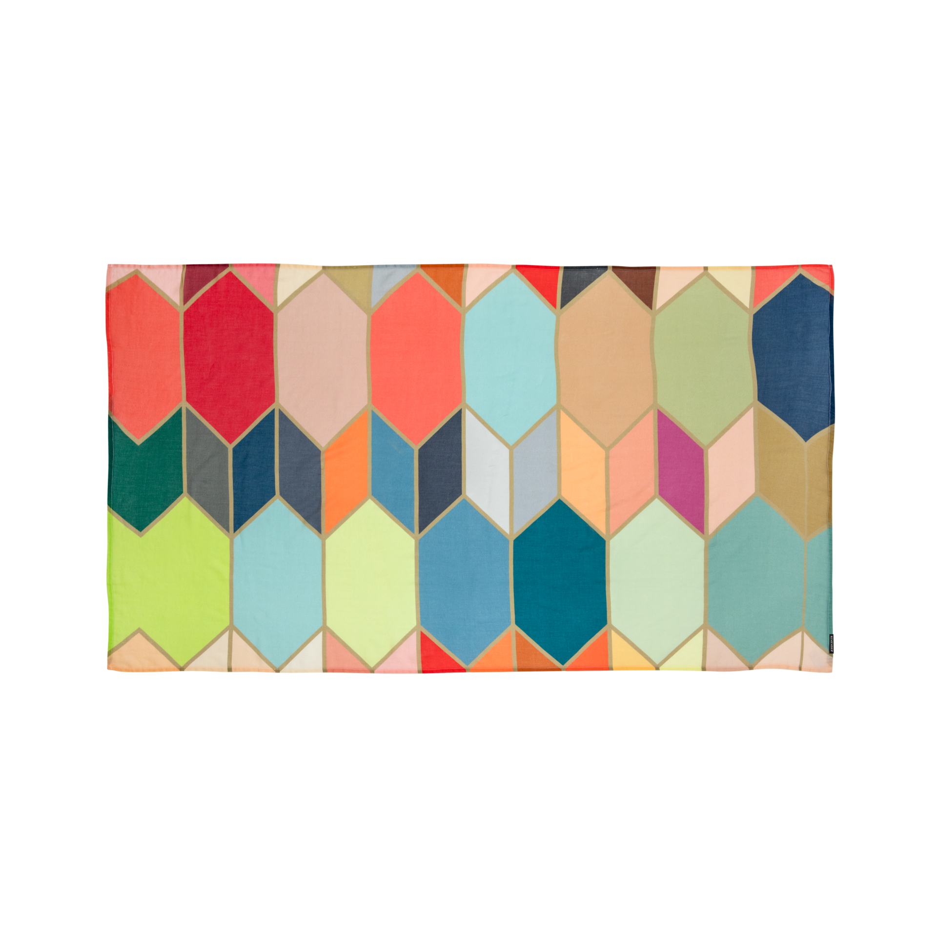 El pareo «Waikiki» presenta un diseño liso: formas geométricas abstractas y coloridas, bordeadas con líneas doradas, sobre algodón.