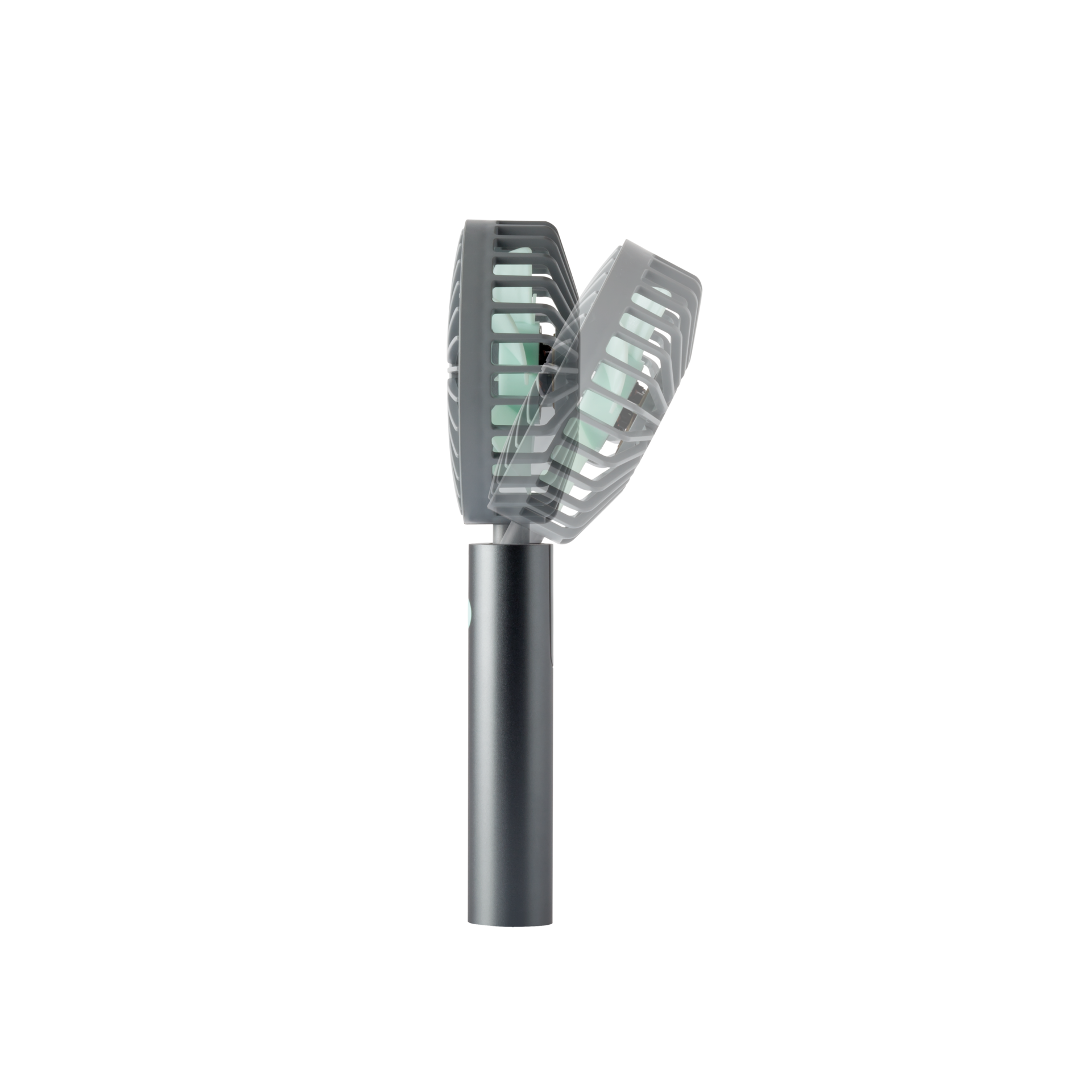 Ventilateur rechargeable Flow de couleur graphite avec tête pivotante. Le ventilateur a une poignée cylindrique et une tête ronde avec grille.