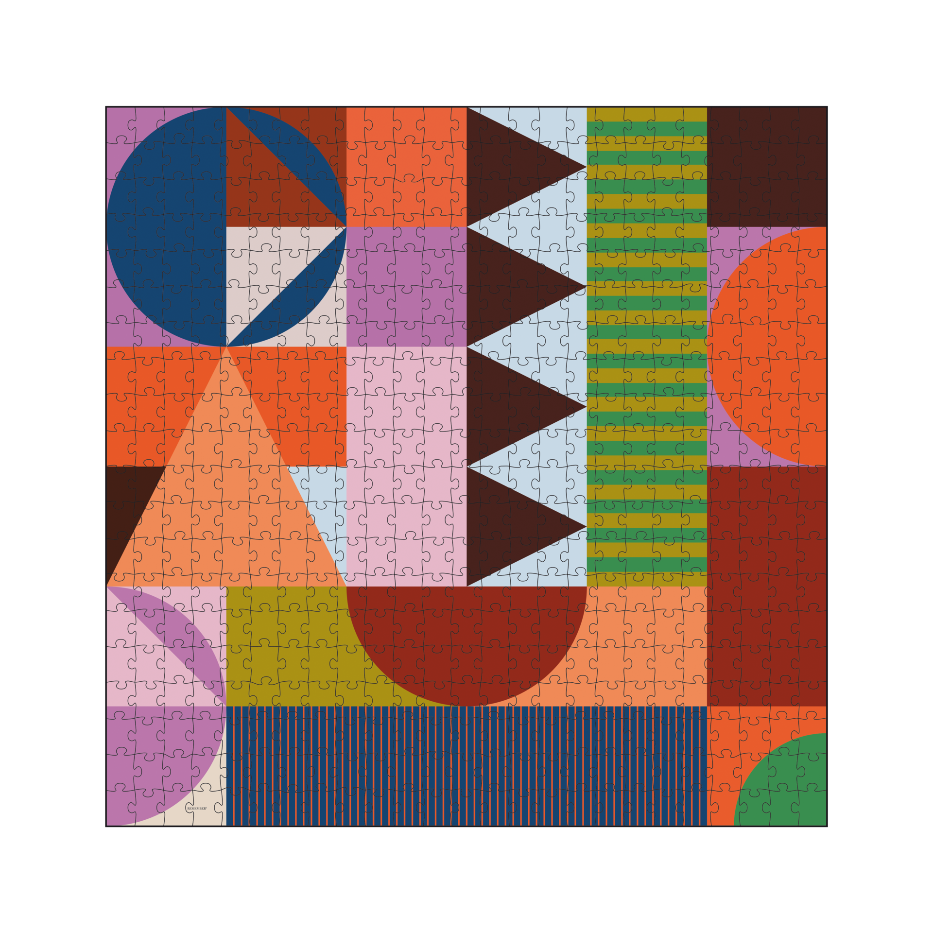Square puzzle 'Patch' with geometric shapes and patterns in various colours.