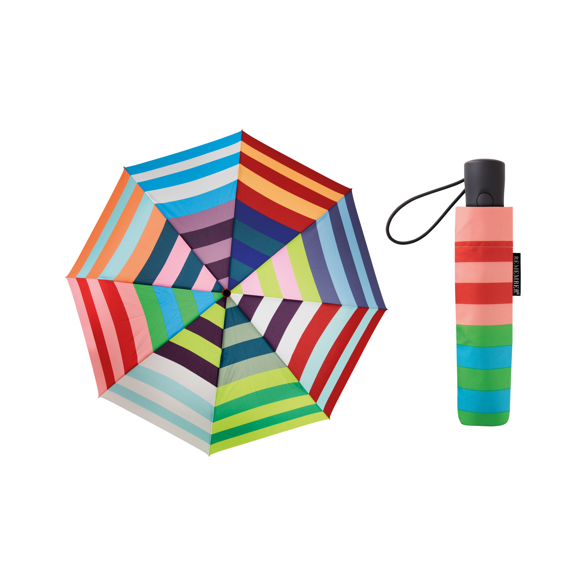 Paraguas de bolsillo «Allegra» abierto y cerrado, uno al lado del otro. Ambos con rayas de colores en rojo, azul, verde, morado y naranja. El paraguas cerrado tiene una correa para la mano.