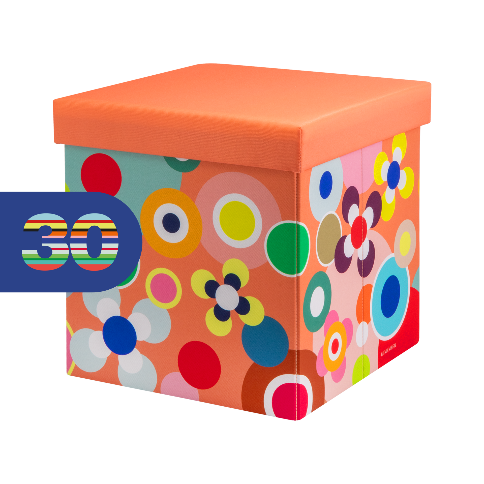 Quadratische Sitzbox mit einem abnehmbaren, gepolsterten orangen Deckel. Die Seiten sind mit einem lebhaften, farbenfrohen Muster aus stilisierten Blüten und Kreisen in Rot, Blau, Grün, Gelb, Pink und Hellblau auf hellorangem Hintergrund verziert.