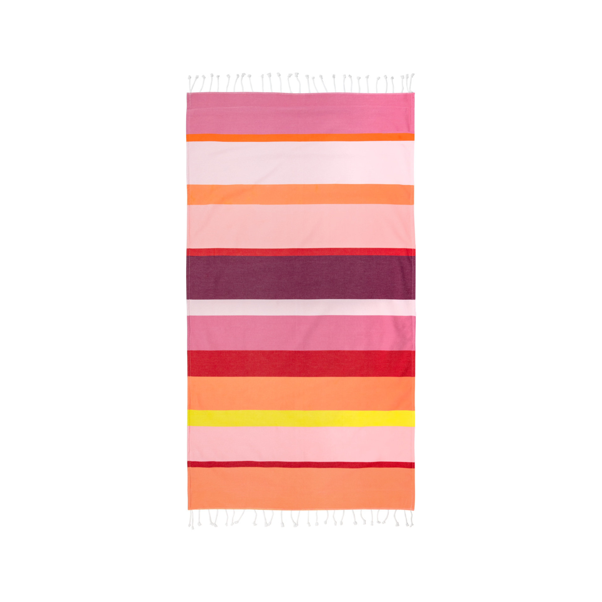 La toalla de hammam «Marrakech» presenta rayas de colores en tonos rosas, naranjas, rojos y amarillos. Cuenta con flecos blancos en ambos extremos.