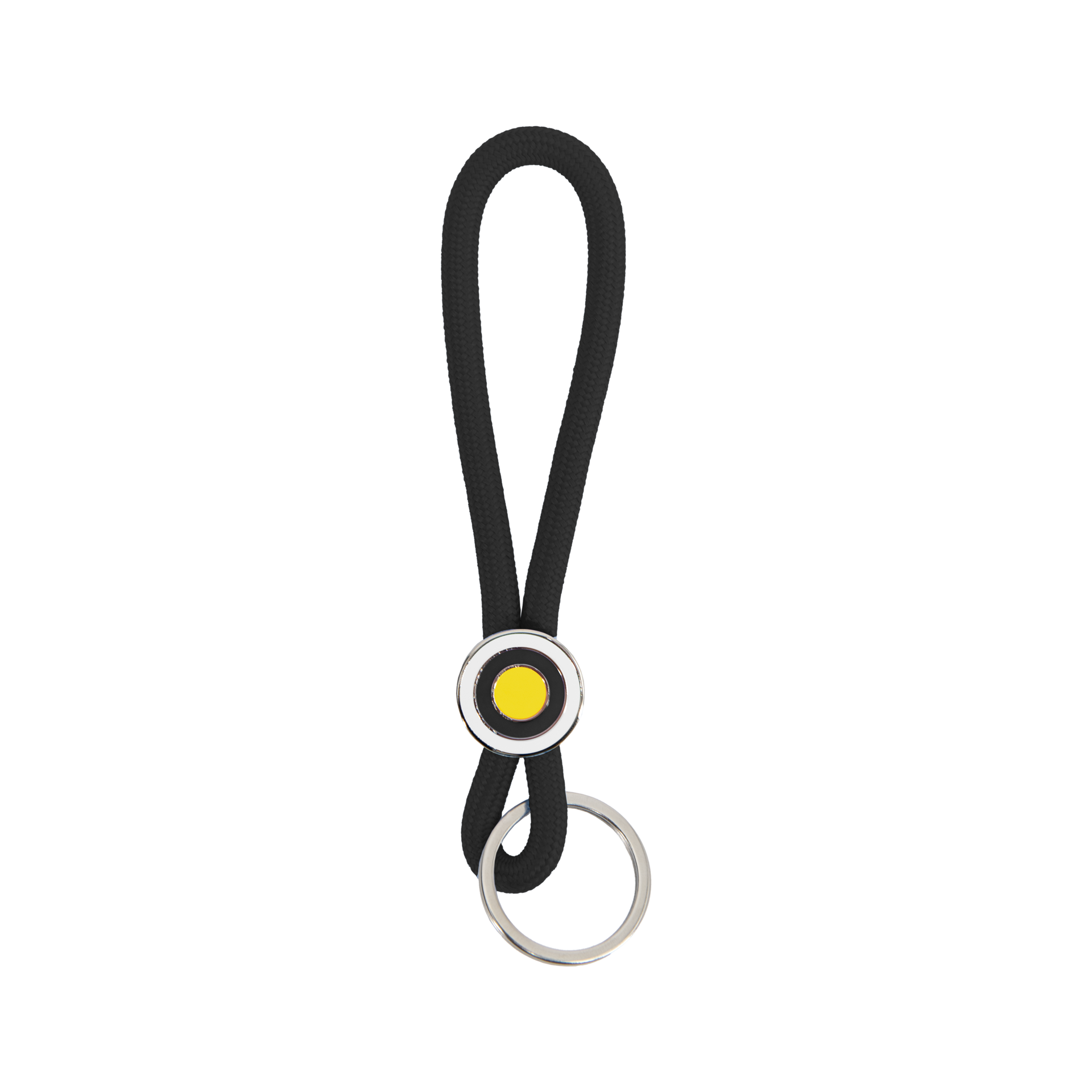 Schwarzer Schlüsselanhänger aus geflochtenem Seil in Schlaufenform. In der Mitte hält ein glänzender Metallring das Seil zusammen, mit schwarzer Umrandung und leuchtend gelbem Kreis im Ringo-Design. Unten ein silberner Schlüsselring.