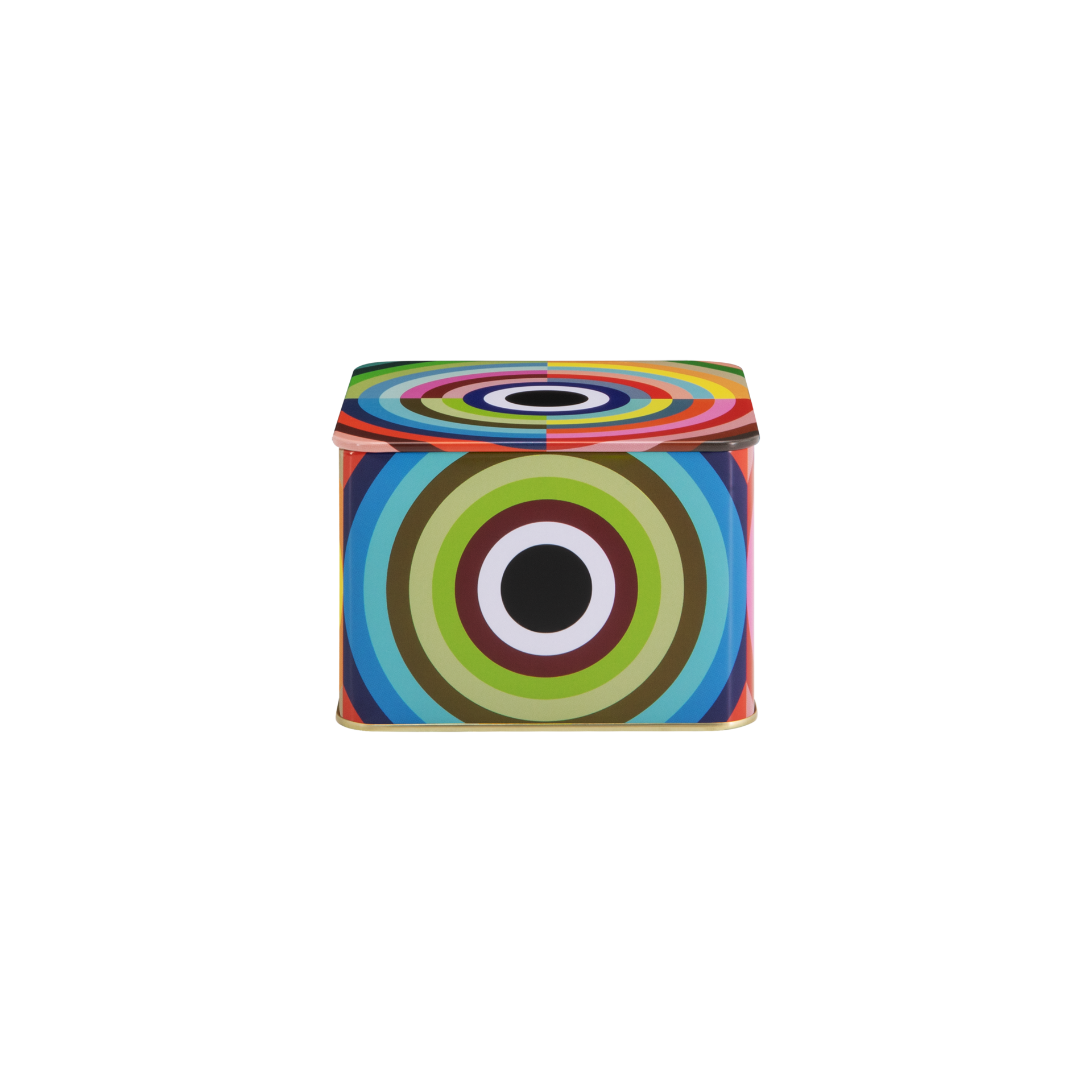 Rechteckige Blechdose im „Remember 30“ Design mit markantem, mehrfarbigem Kreismuster. Deckel und Seiten zeigen konzentrische Ringe in Blau, Grün, Rot, Orange und Pink bis zu einem schwarzen Mittelpunkt. Stylische Aufbewahrung.
