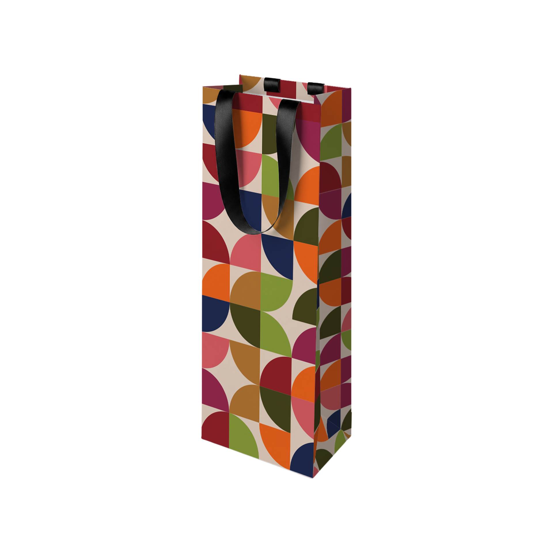 Bolsa de regalo alta y de gran calidad con estampado geométrico de semicírculos y cuartos de círculo en rojo, naranja, verde y azul sobre fondo beige. Con dos asas de cinta de raso negro, ideal para botellas o regalos grandes.