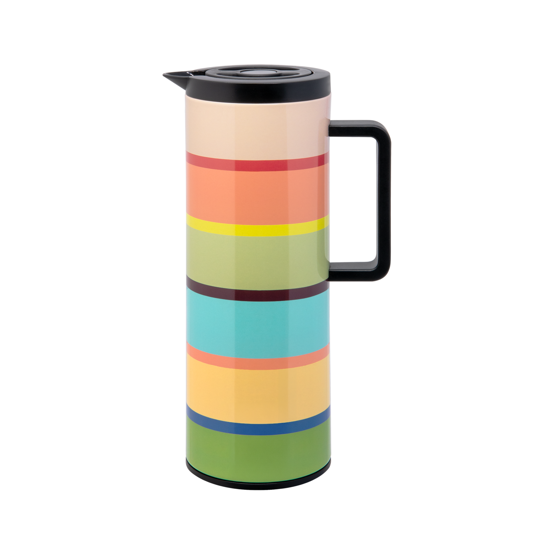 Colourful vacuum flask in a striped design with horizontal pastel stripes (beige, red, orange, yellow, light green, dark brown, turquoise, light blue, green). Black lid with spout and sturdy black handle. Set against a white background.