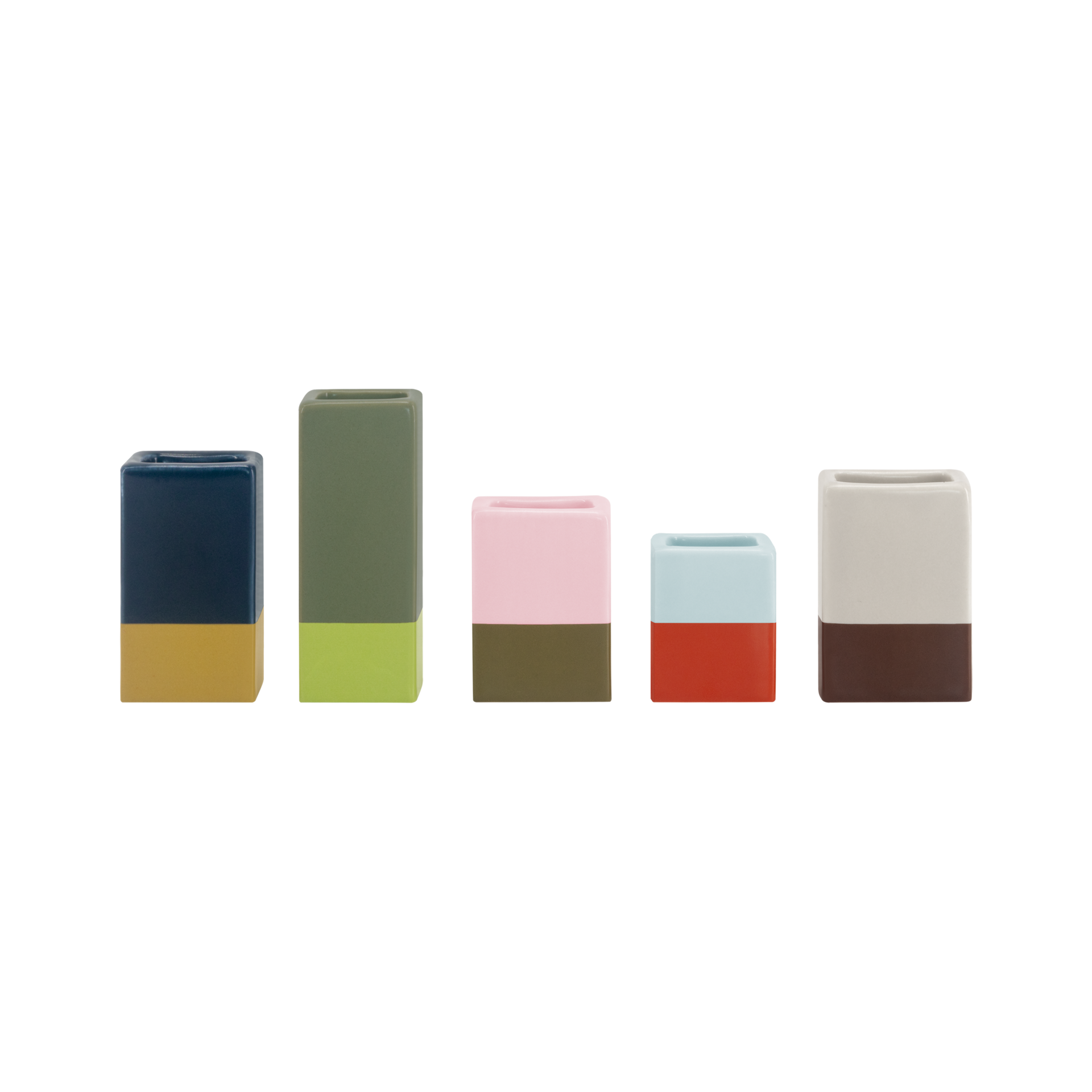 Fünf unterschiedlich hohe Mini-Vasen, im "Dip Dye" Look, in den Farben blau-gold, grün-hellgrün, rosa-braun, hellblau-rot und beige-braun.